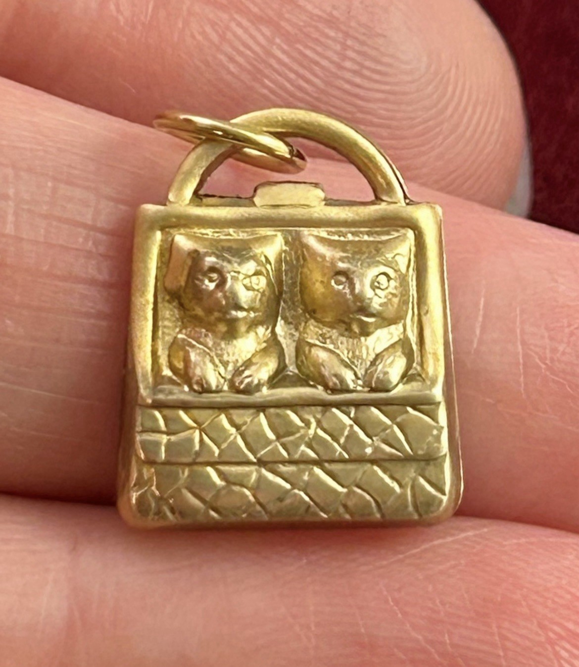 Vintage Charm Kitten Puppy In Purse Vintage Jewelry Raw Brass Stamping Pendant