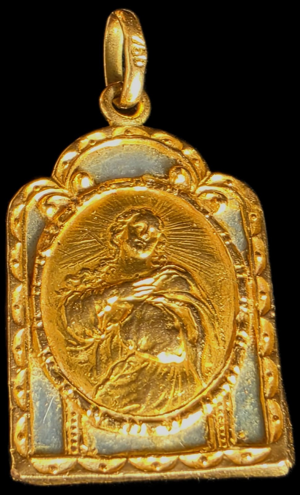 Antique Art Deco 18K Gold Virgin Mary Miraculous Medal Pendant European Catholic