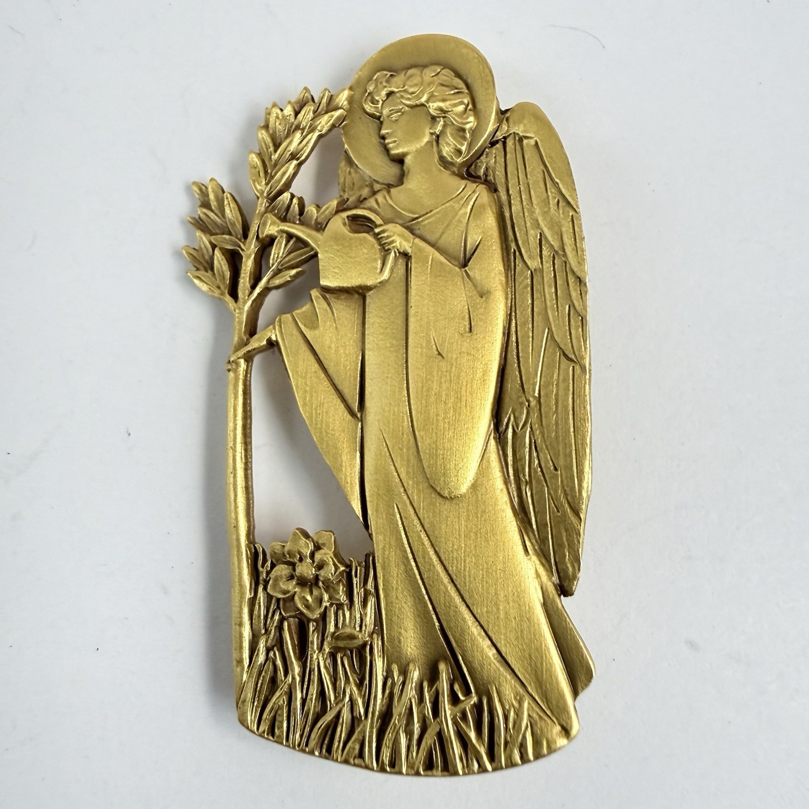 Vintage Catholic Angel Watering Garden Art Nouveau Gold Tone Brooch Signed AA