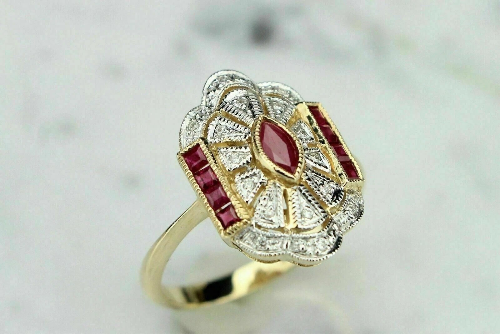 2.85Ct Art Deco Style Red Lab Created Ruby Engagement Wedding 14K Gold FN Ring