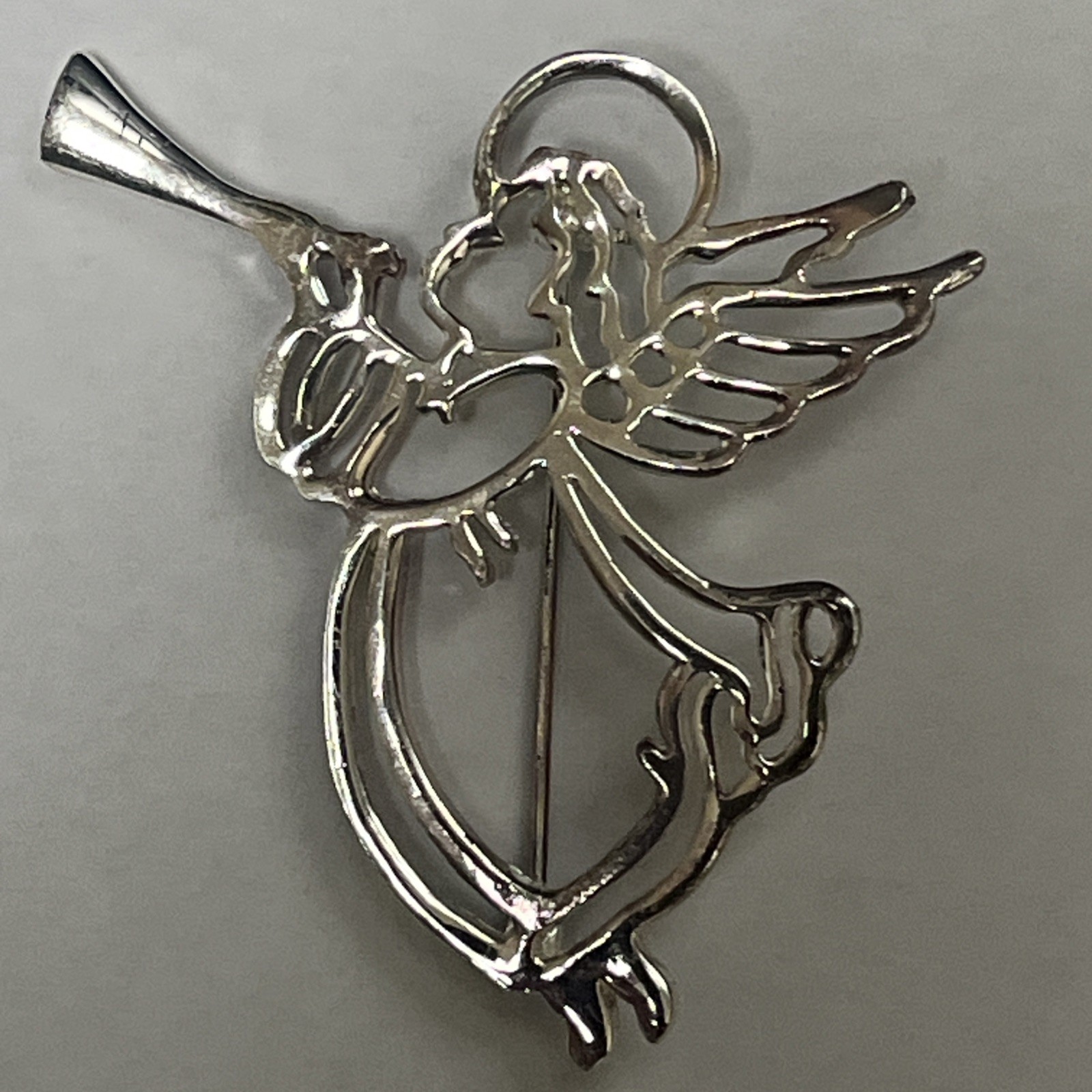 Vintage Silver Halo Angel With Wings & Blowing Trumpet Brooch Lapel Pin Costume