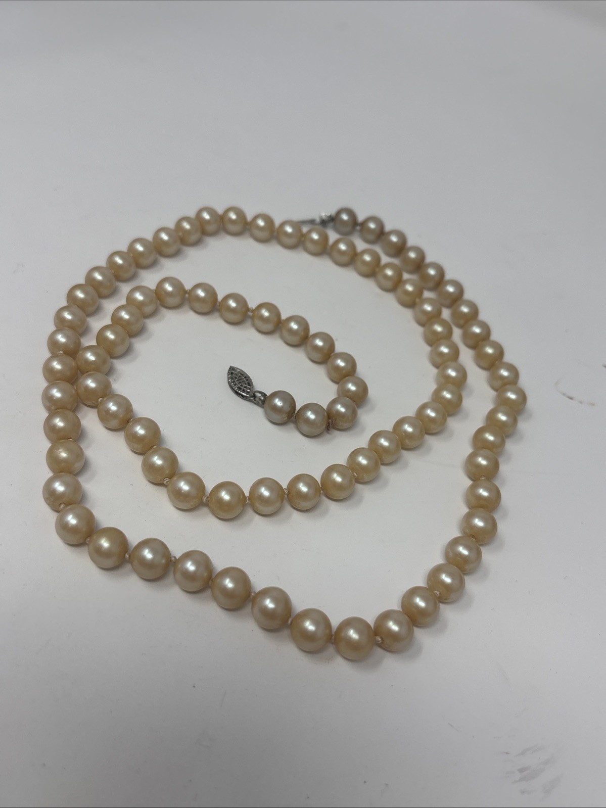 Vintage Art Deco Faux Pearl Necklace Sterling Filigree Fish Hook Clasp
