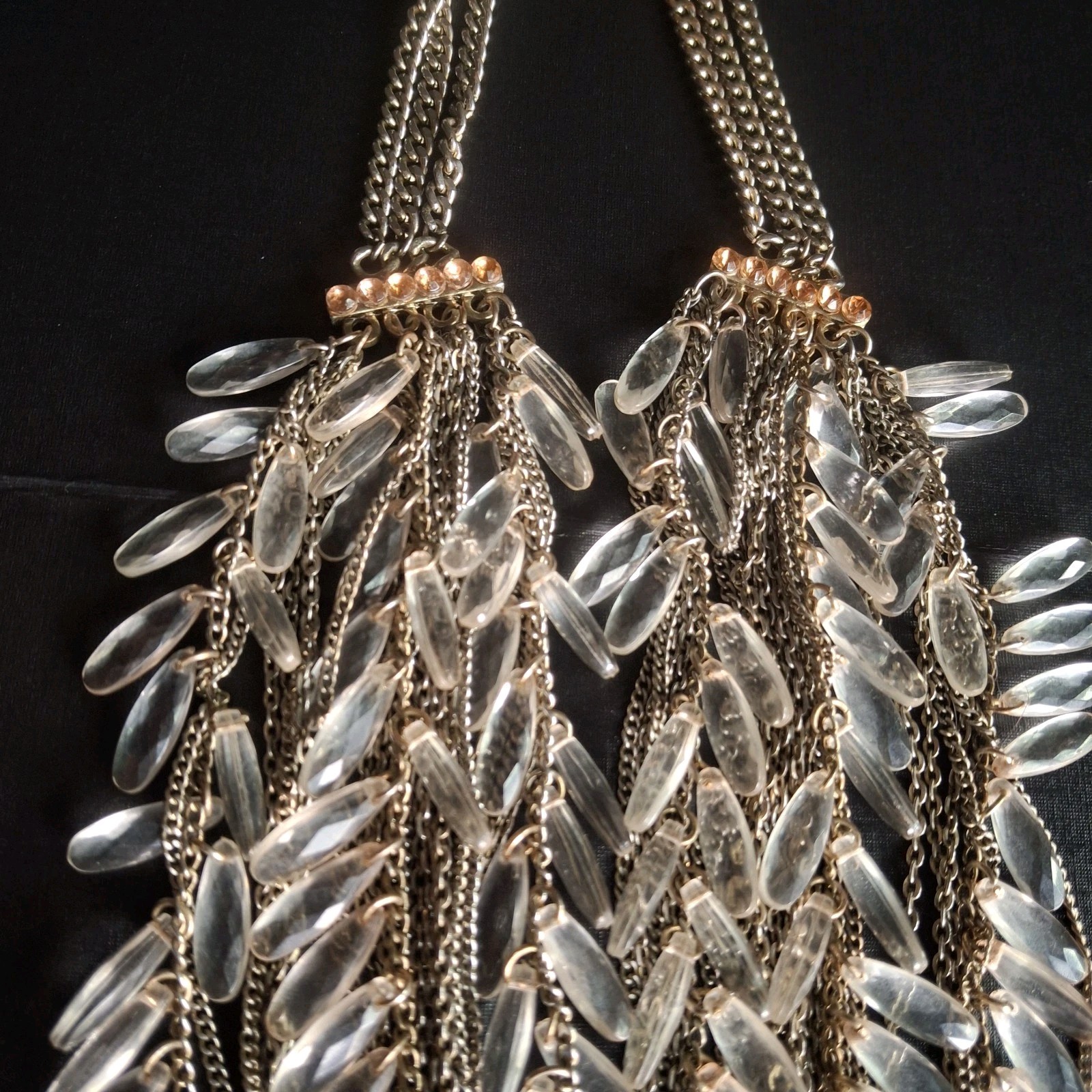 VTG Statement Bib Necklace Multi-Strand Fringe Featuring Clear Lucite Teardrops