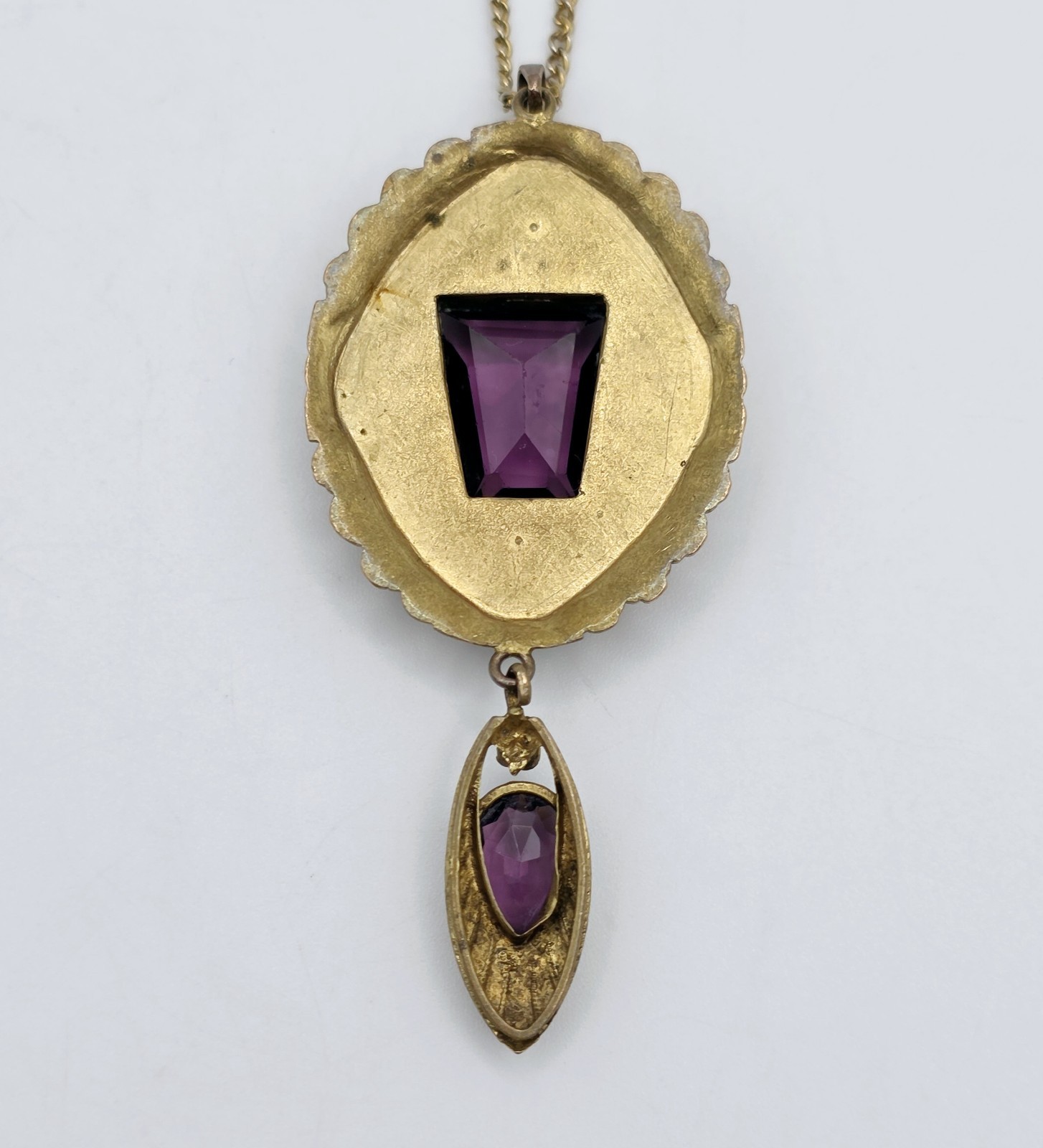 Antique Austro Hungarian Floral Filigree Lace Pendant Necklace Purple Glass