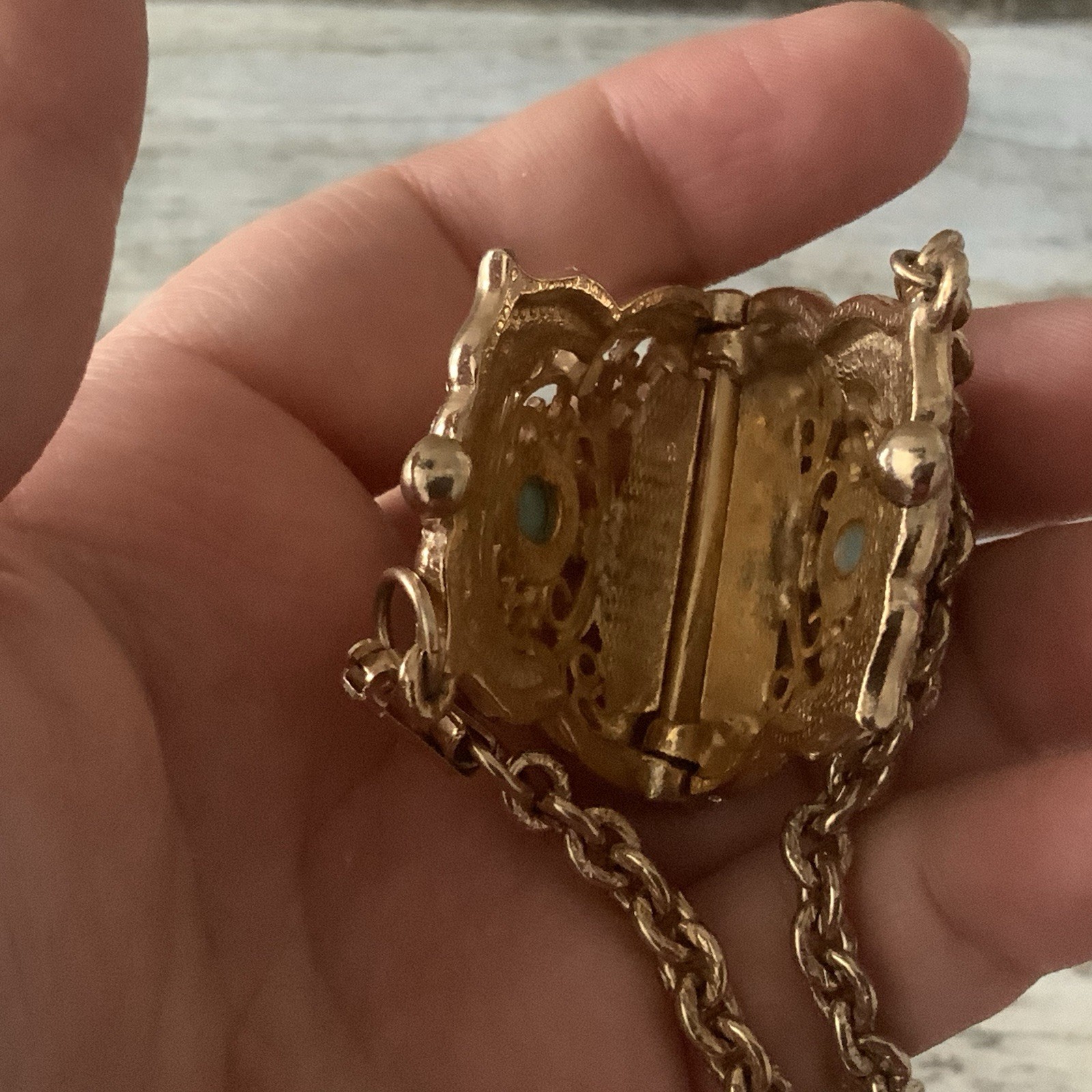 Vintage Small filigree Metal Purse charm with blue accent bracelet in gold tone