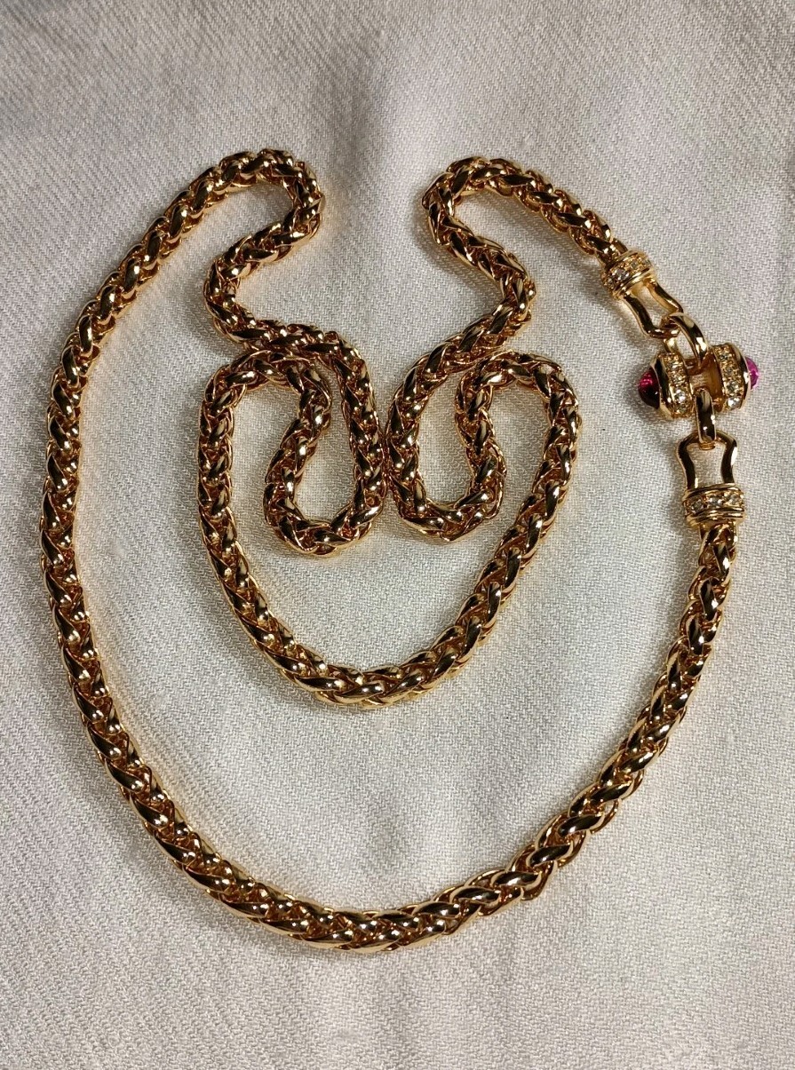 VTG Nolan Miller Chunky Red Cabochon Gold Tone Long Spiga Wheat Chain Necklace