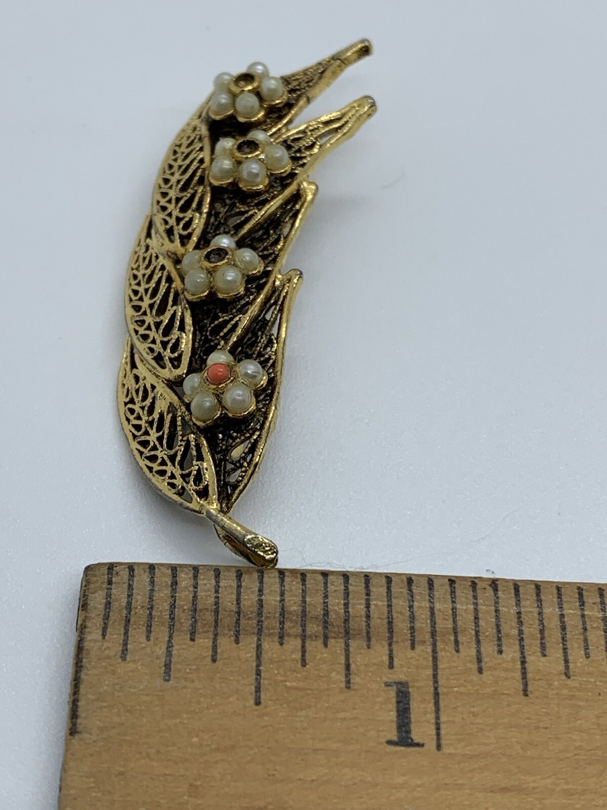 Vintage Tacoa Brooch Pin Gold Tone Filigree Seed Pearl Leaf Floral Costume READ