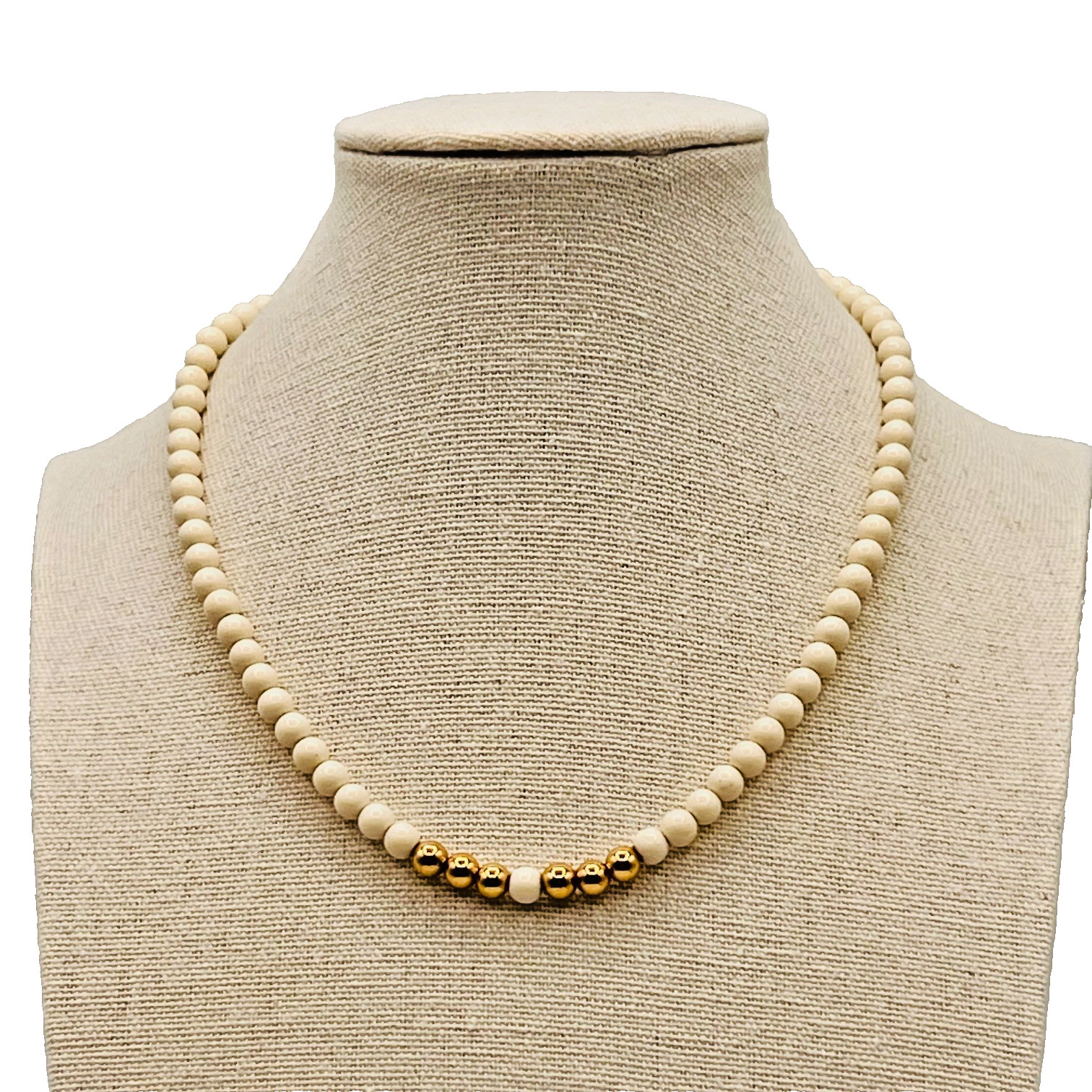 Vintage Monet Ivory Cream & Gold Tone Beaded Necklace Signed Classic Jewelry