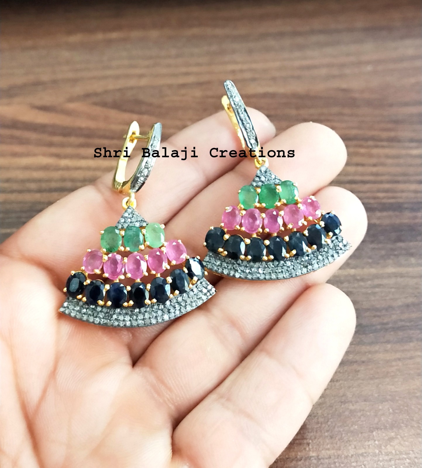 Natural Rosecut Diamond 925 Sterling Silver Ruby Emerald Onyx Earrings Jewelry