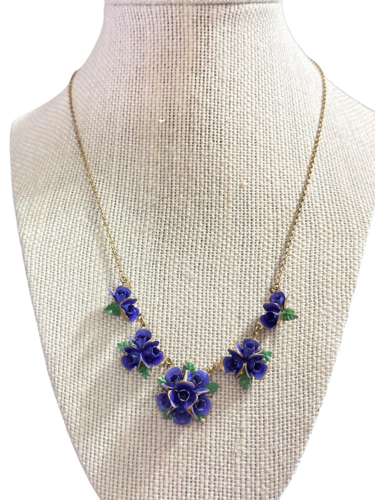 Vintage Enamel Pansy Violet Flower Necklace Earrings Set Suffragate Era