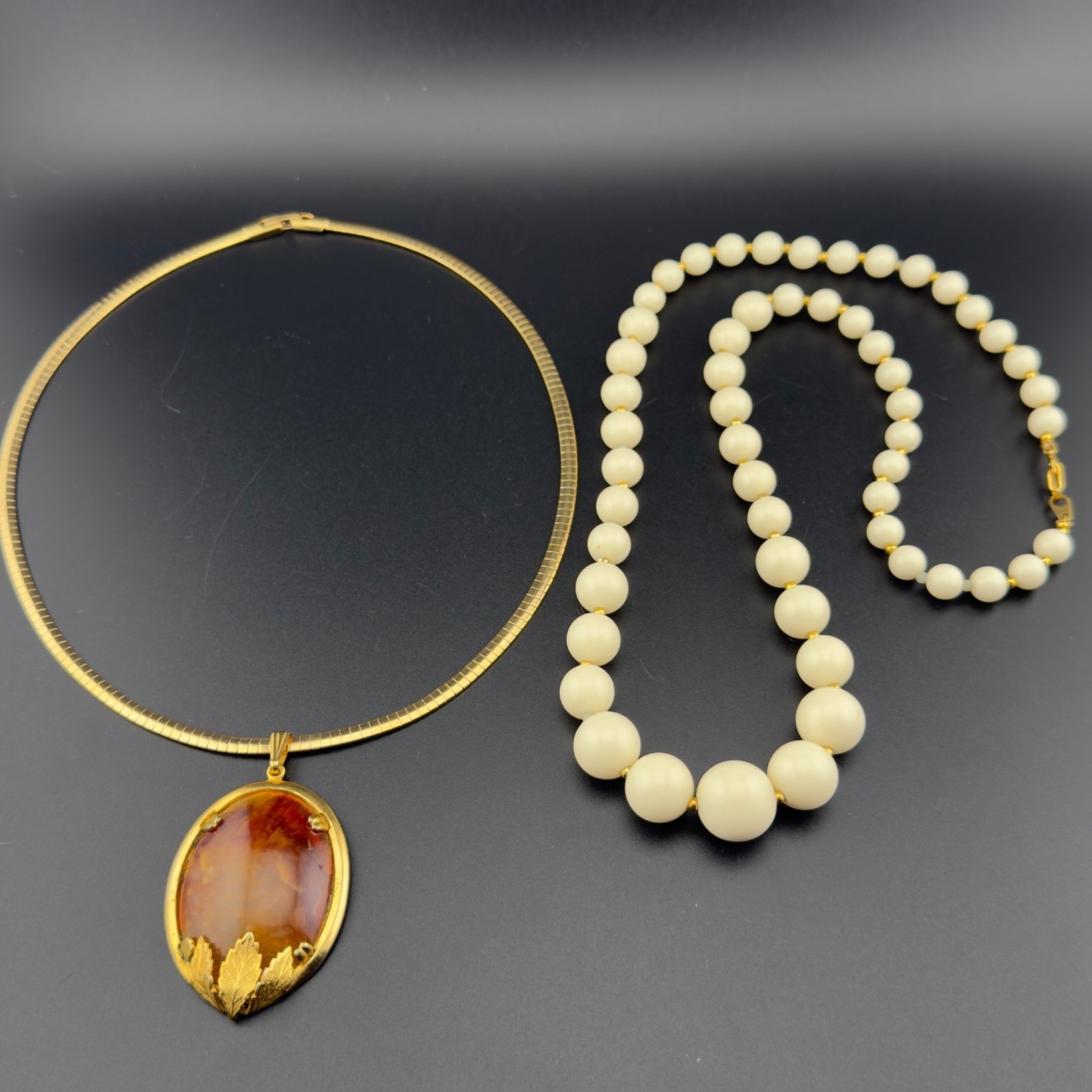 Vintage Glass Cabochon Pendant Necklace Set Orange Brown Beaded Gold Tone