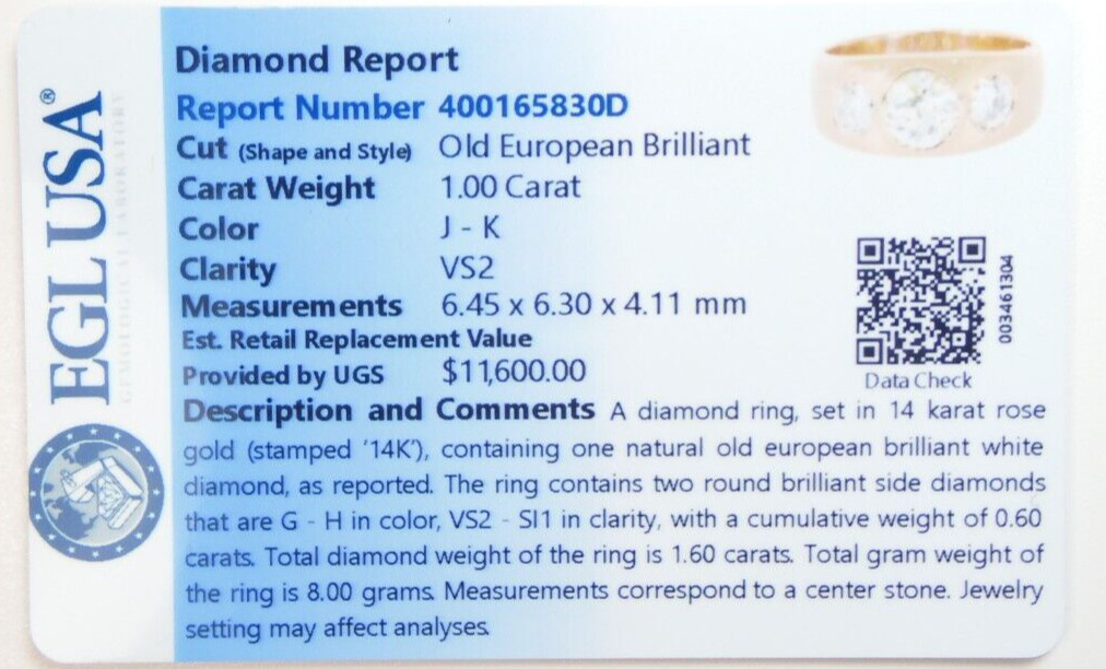 Antique 1920’s European Diamond Engagement Ring 14K Rose Gold 9 UK-R1/2 EGL USA
