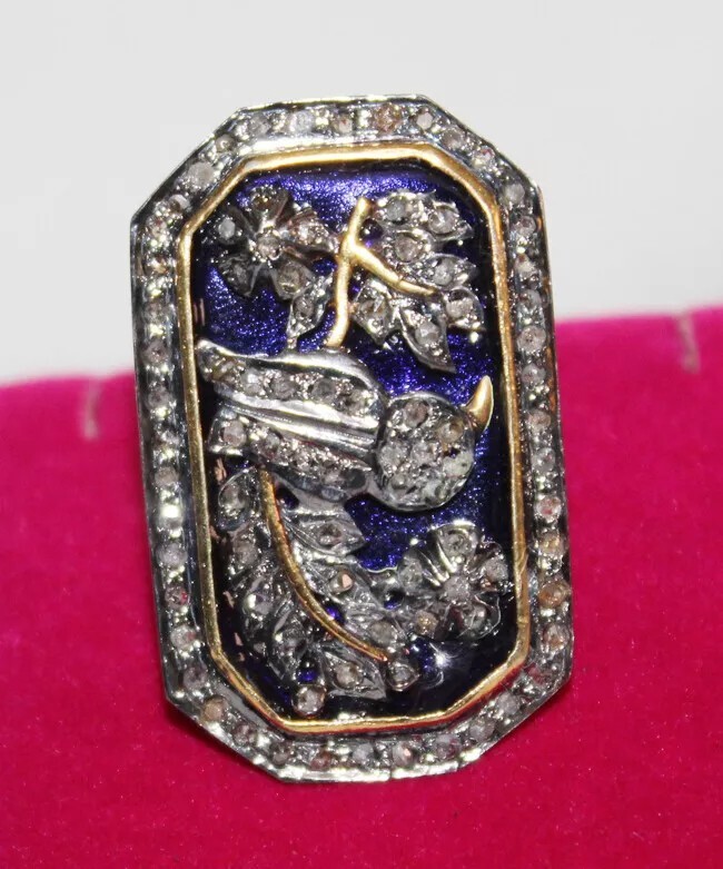 3.15ct Rose Cut Diamond 925 Silver Blue Enamel Wedding Cocktail Ring