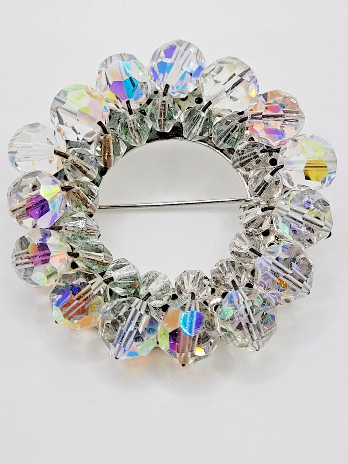Sparkling Vintage Brooch Aurora Borealis Oval Beaded Glass Rhinestone 1950s
