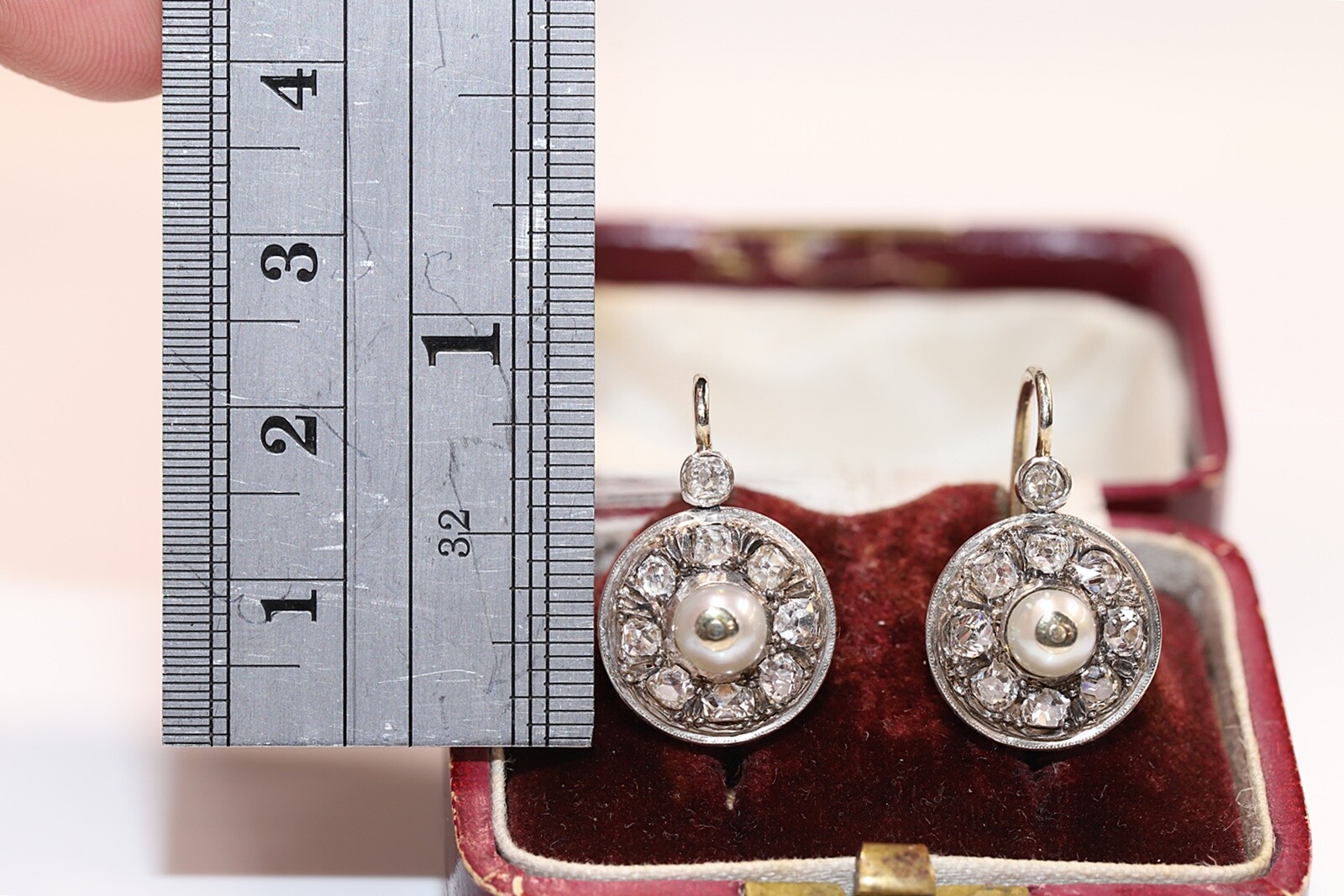 Antique Circa 1900s 18k Gold Natural Old Cut Diamond And Pearl Earring