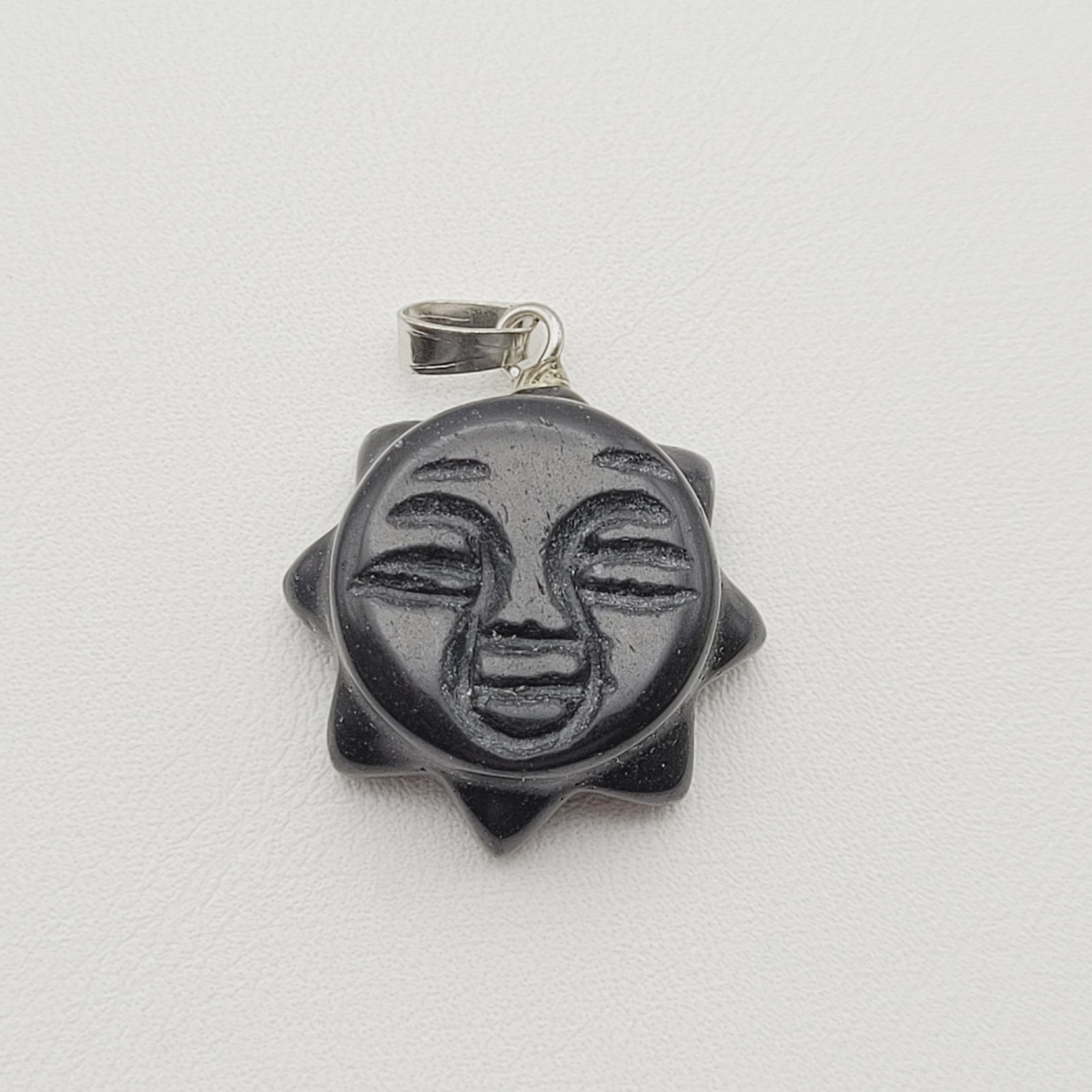 Obsidian Sun Face Black Carved Stone Silver Tone Bail Pendant Charm No Chain