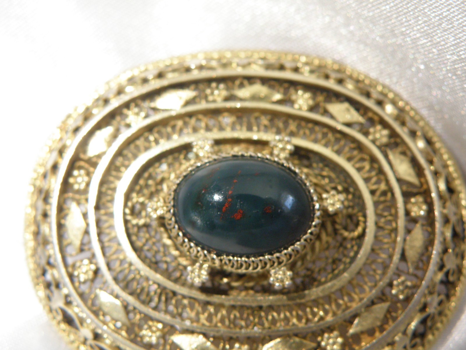 Vintage Silver Gold Plated Natura Bloodstone Large Filigree Brooch