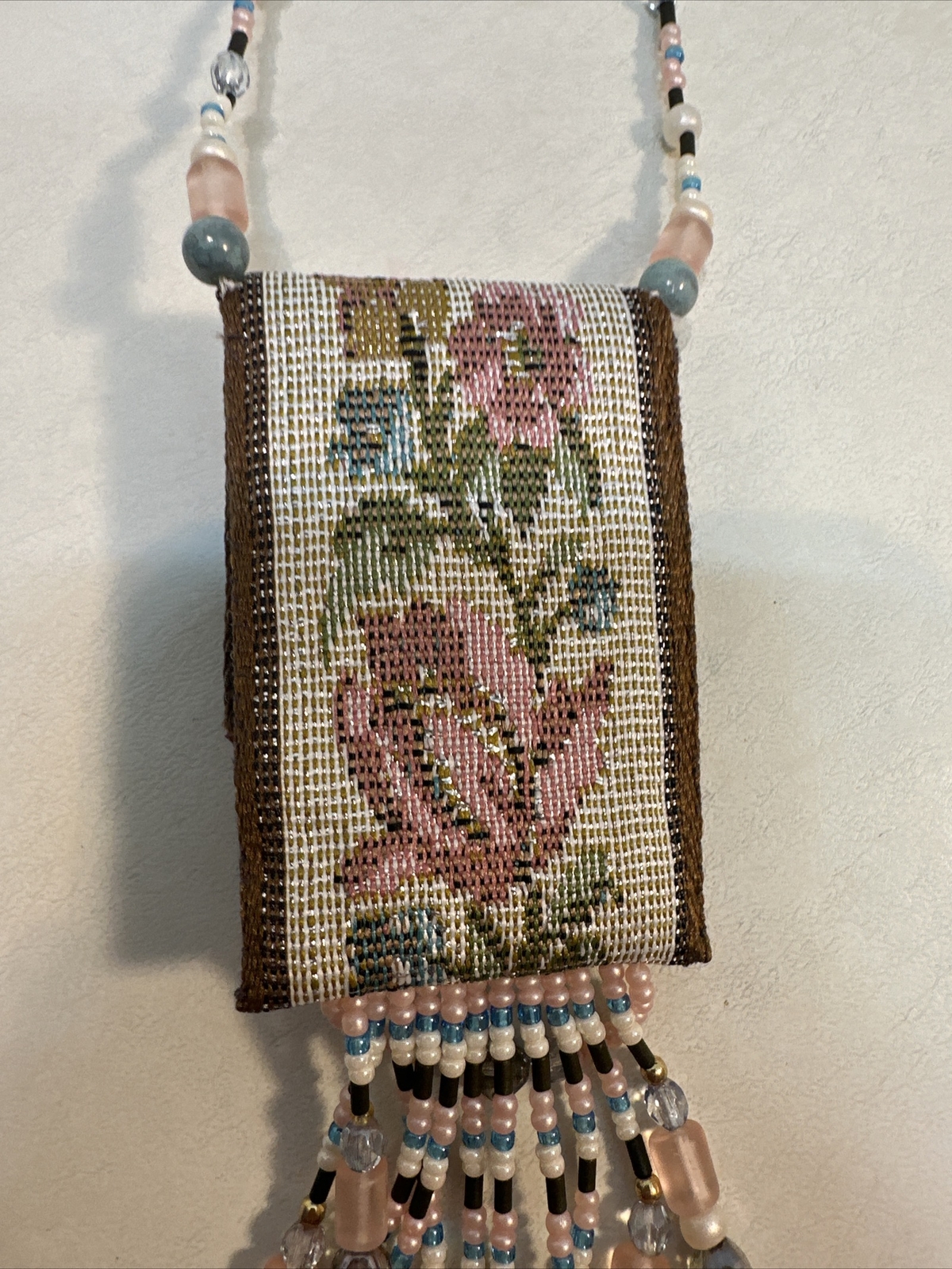 Vintage Needlepoint Handmade Purse Seed Bead Necklace Beaded Fringe-Bo Ho-Hippie