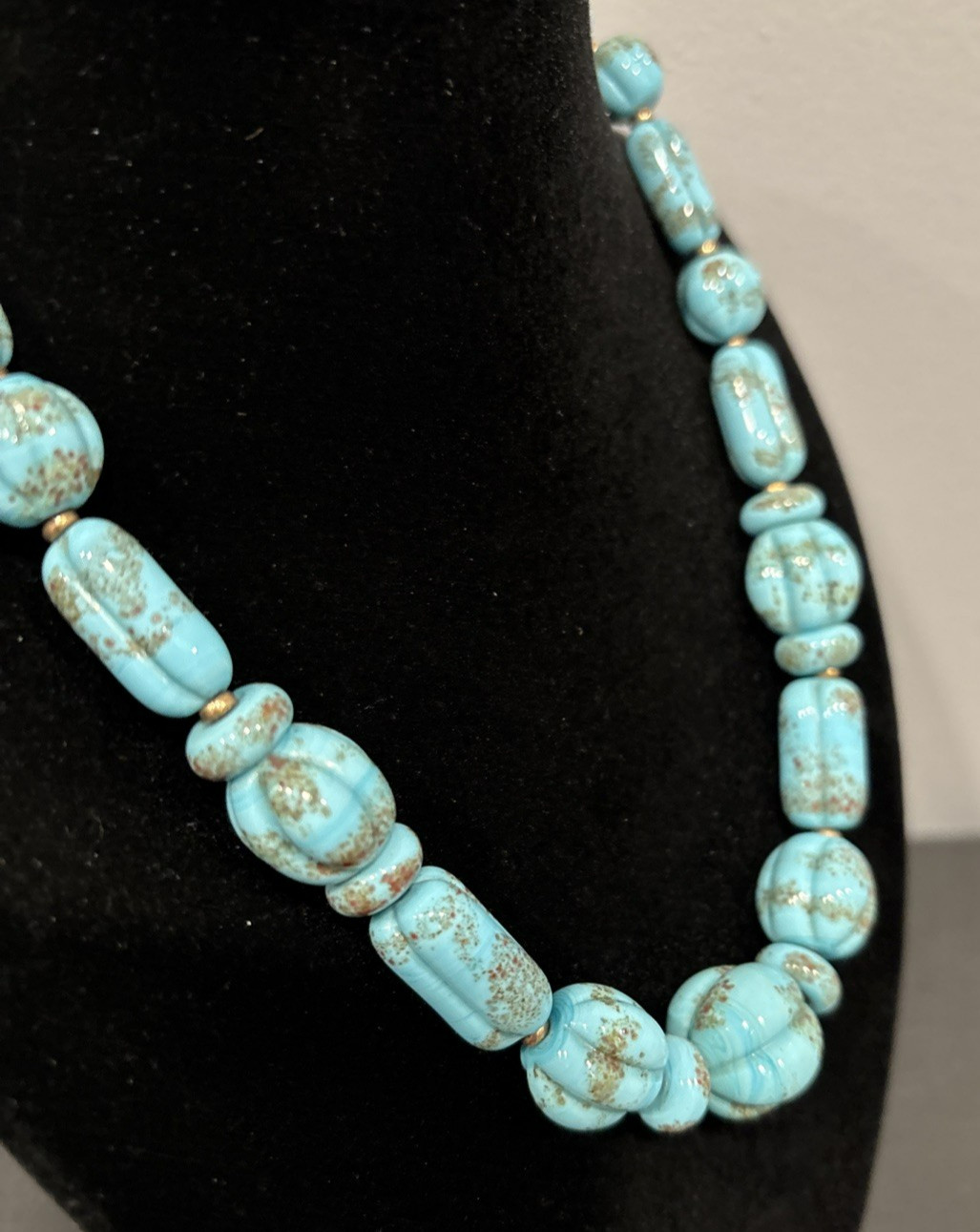Antique Faux Turquoise Slag Glass Bead Beaded 16 1/2″ Necklace Textured Beads