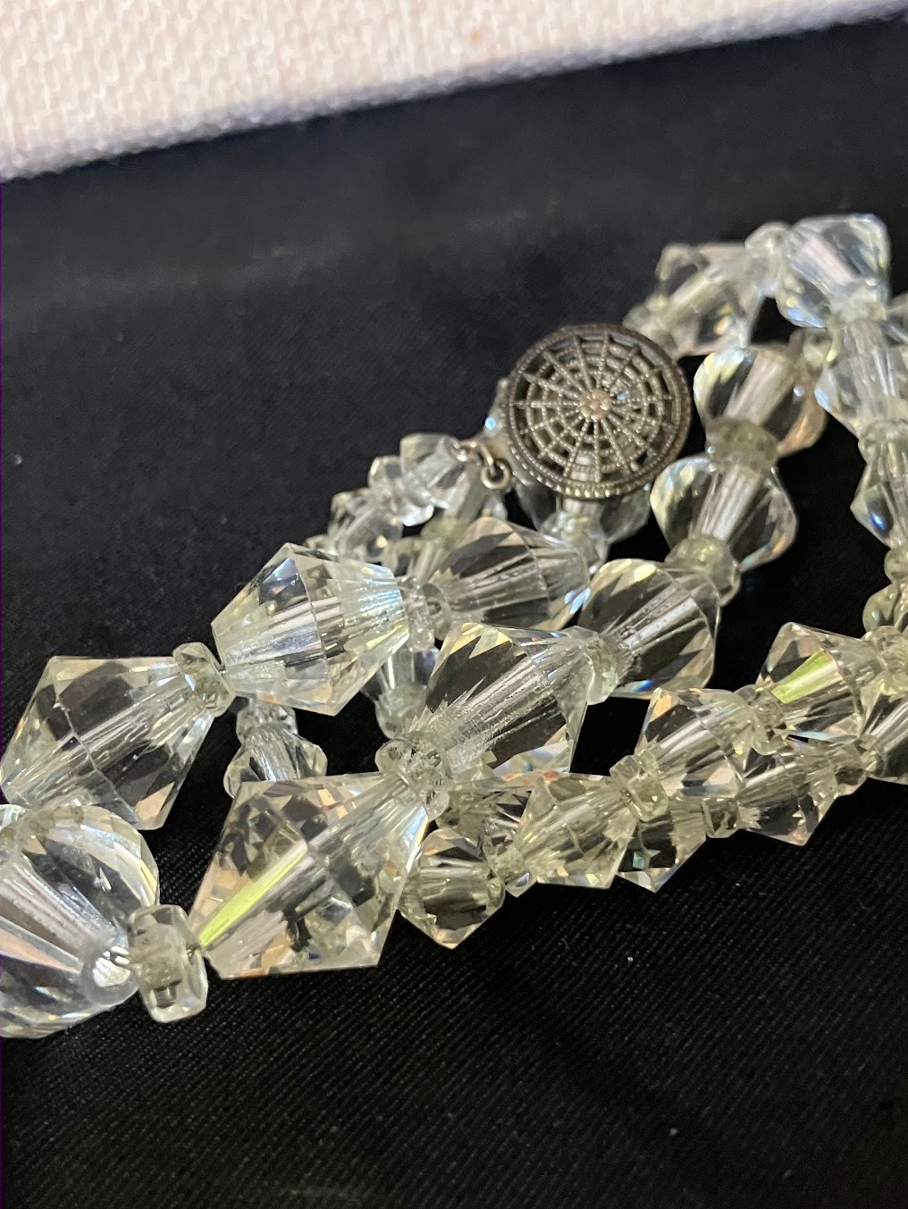 Vintage Art Deco Faceted Crystal Necklace Silver Chain Faceted Bi-cone Beads 16″