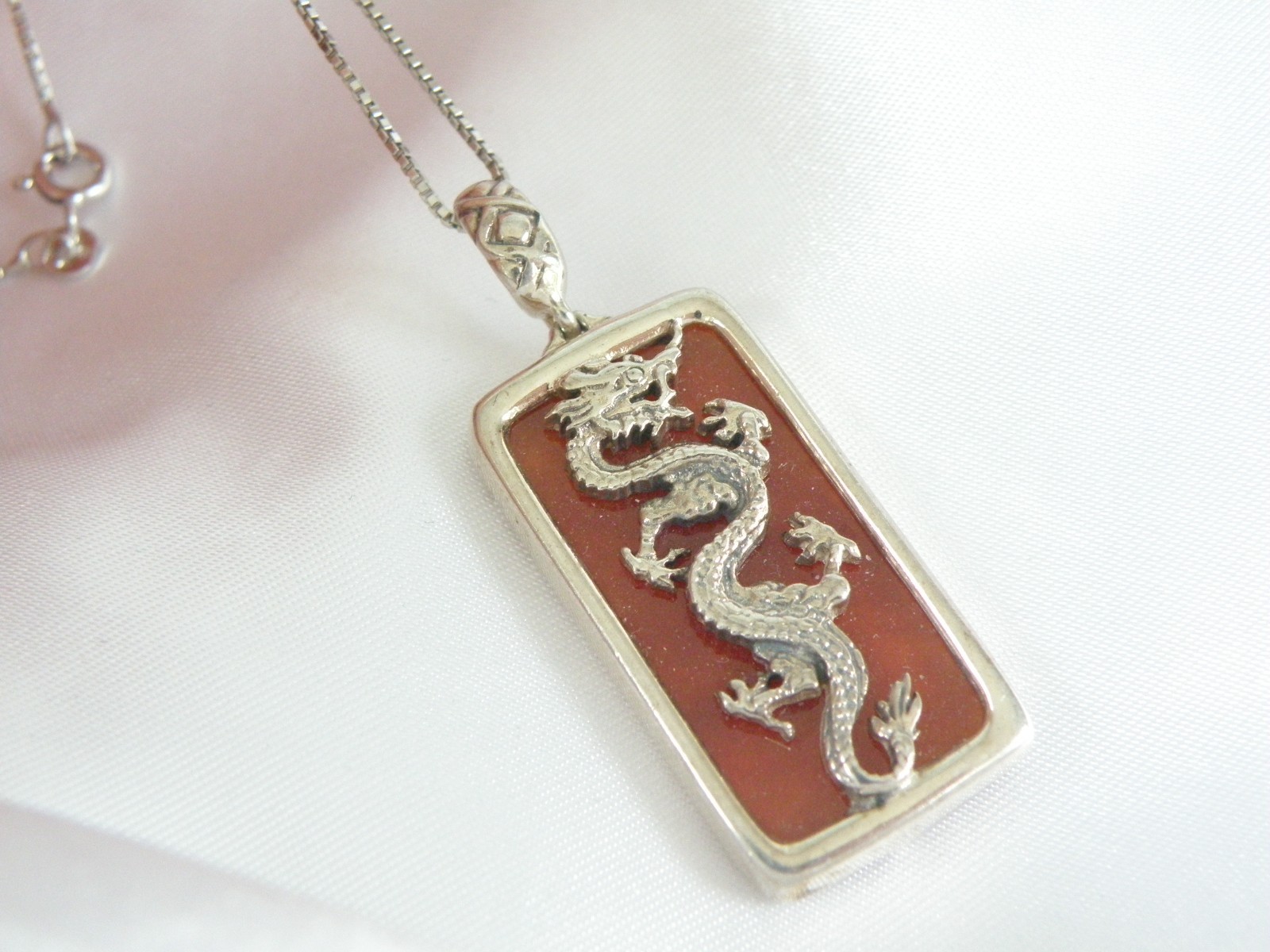 Vintage Sterling Silver 925 Red Jade Asian Dragon Pendant Necklace