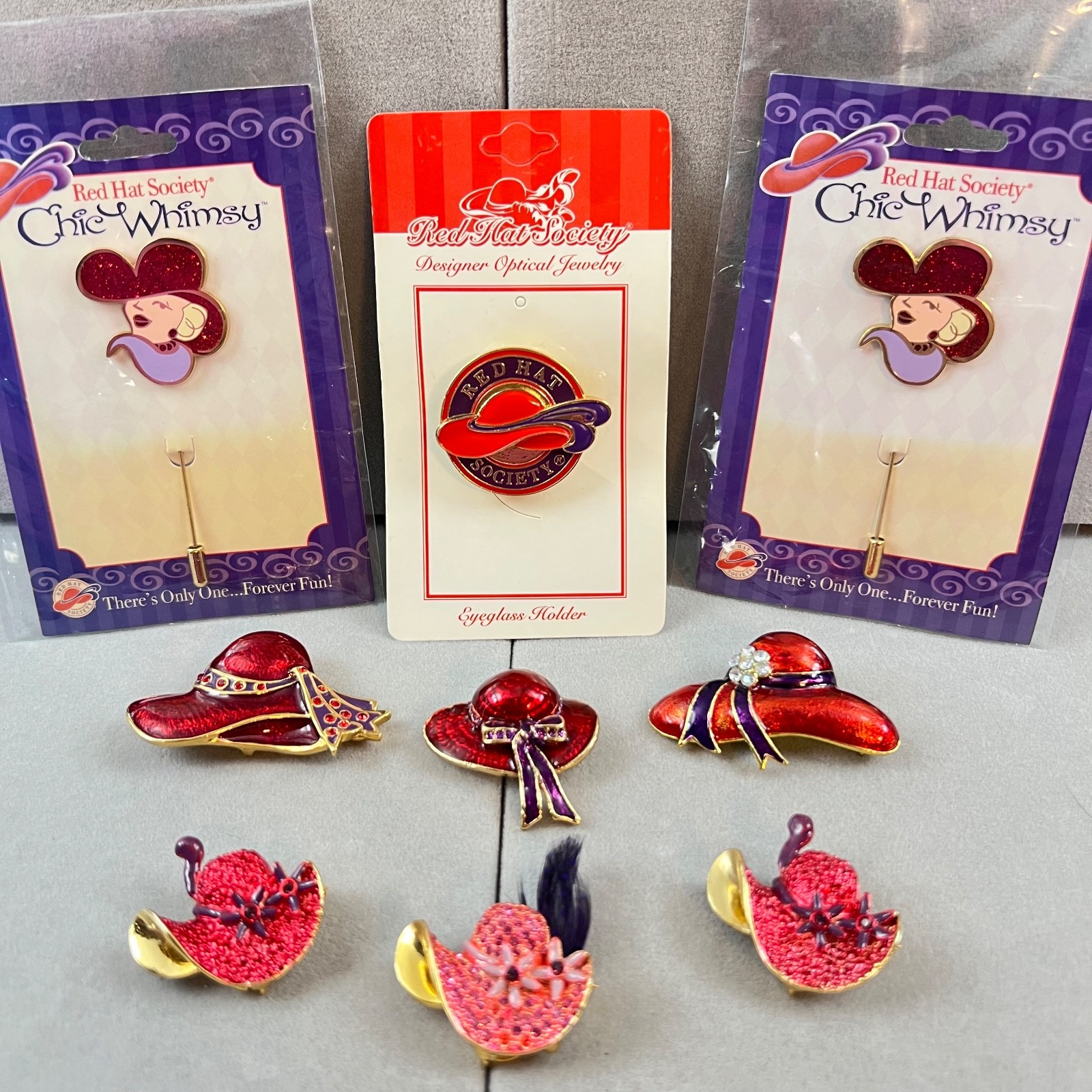 Red Hat Society Lot, Brooches Hat Pins Pendants Crystal Purple Multicolor *READ