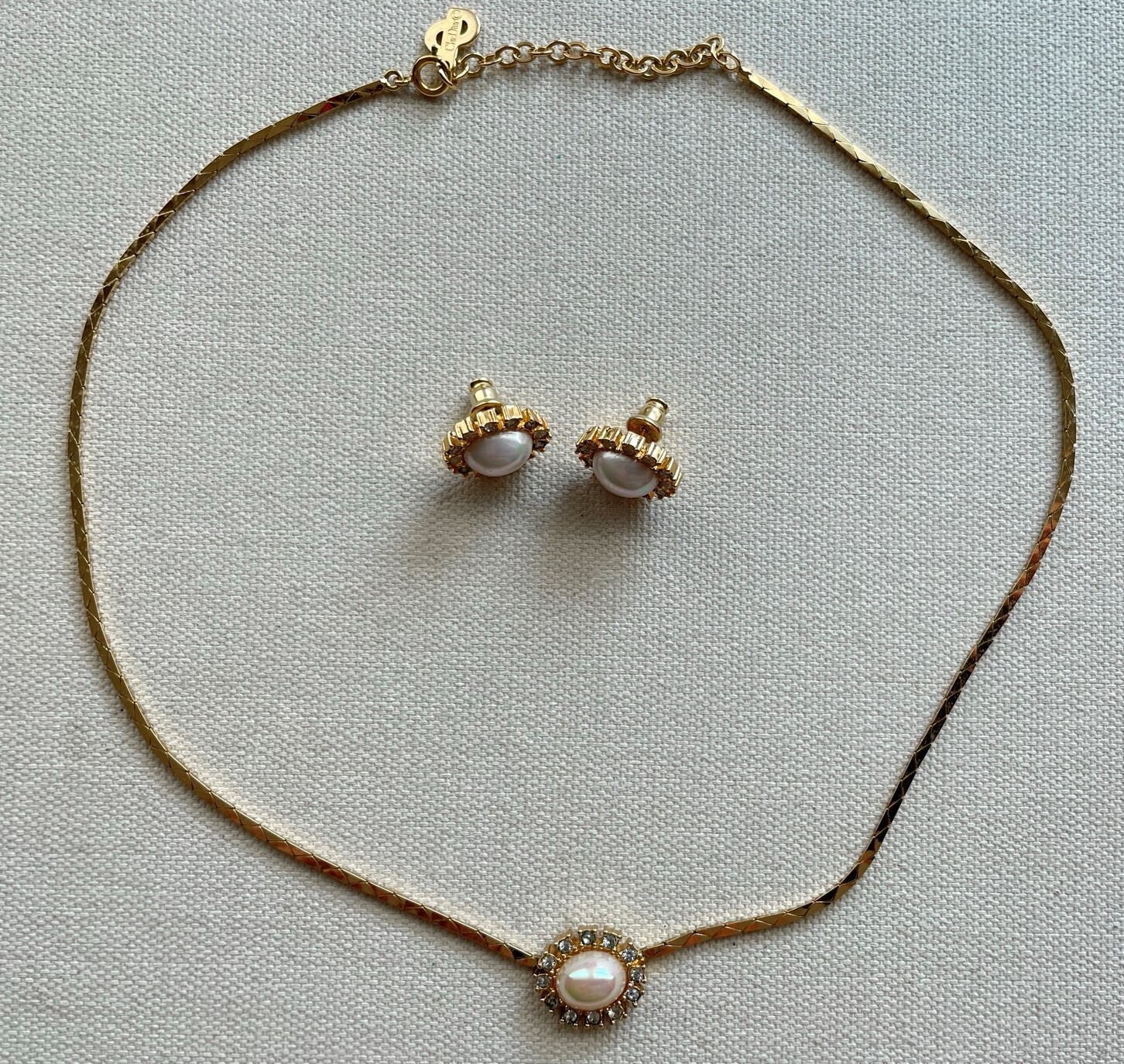 Christian Dior Demi-Parure Pearl Crystal Earring Necklace Set 15-17″