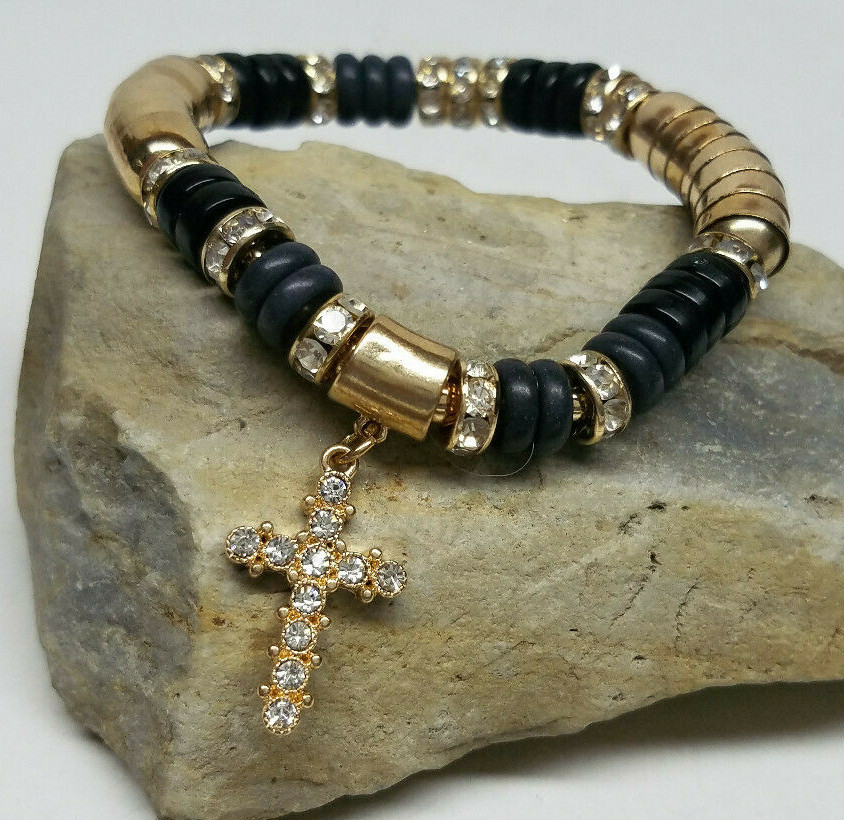 Lot of (4) Holy Cross Christian Charm Bracelets Beads Crystal Stretch Band NEW