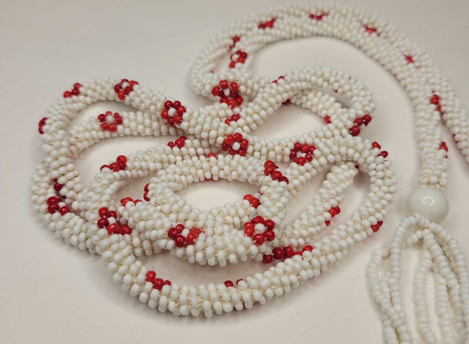 Vintage Antique Heavy Red White Floral Glass Sead Beads Tassels Flapper Necklace