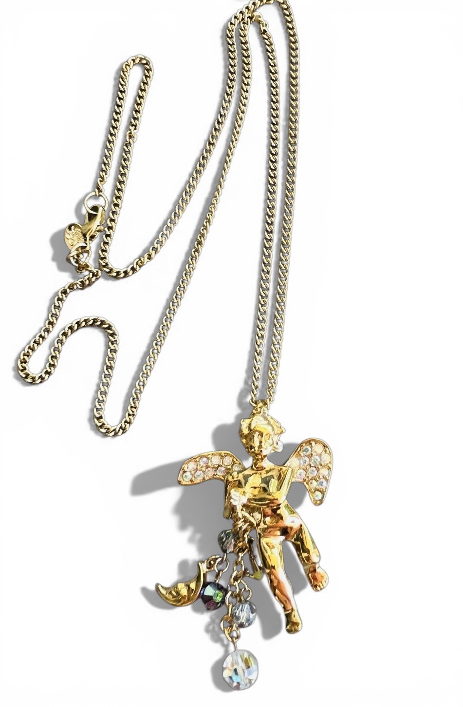 Vintage Signed Kirk’s Folly Angel Cherub Glass Dangle Gold Tone Necklace 28”