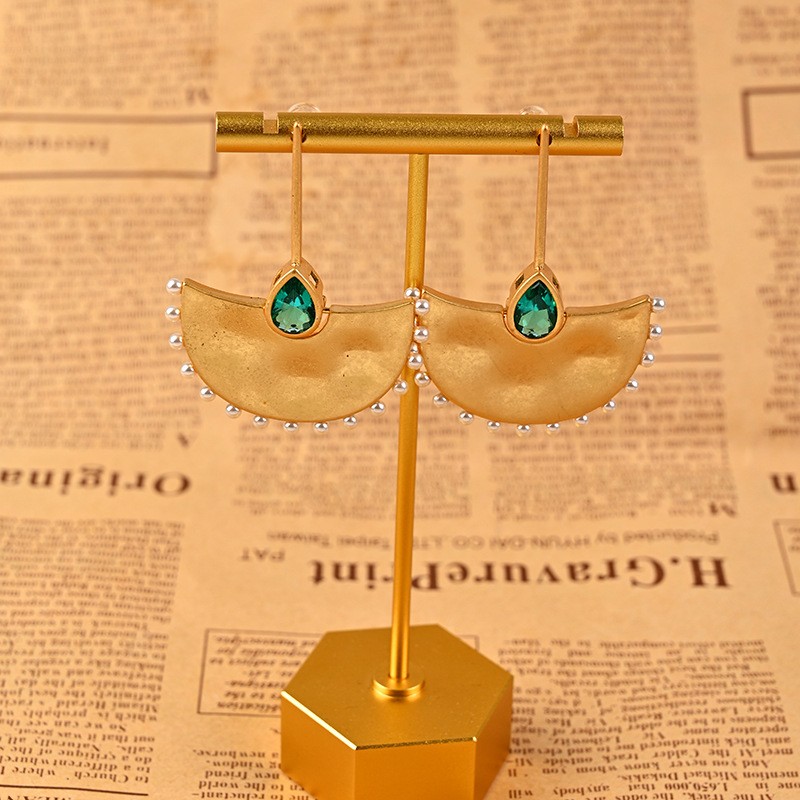 Vintage Dangle Earrings Palace Gold Fan Leaf Real Pearl Art Deco Jewelry