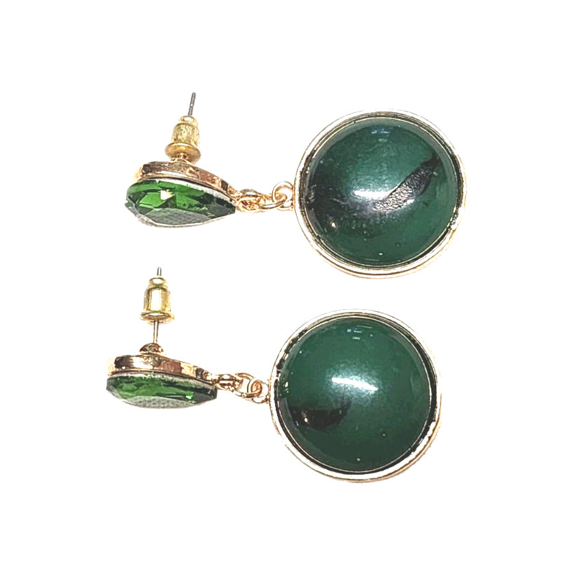 Vintage Green Faux Stone Rhinestone Gold Tone Dangle Earrings Teardrop Round GUC