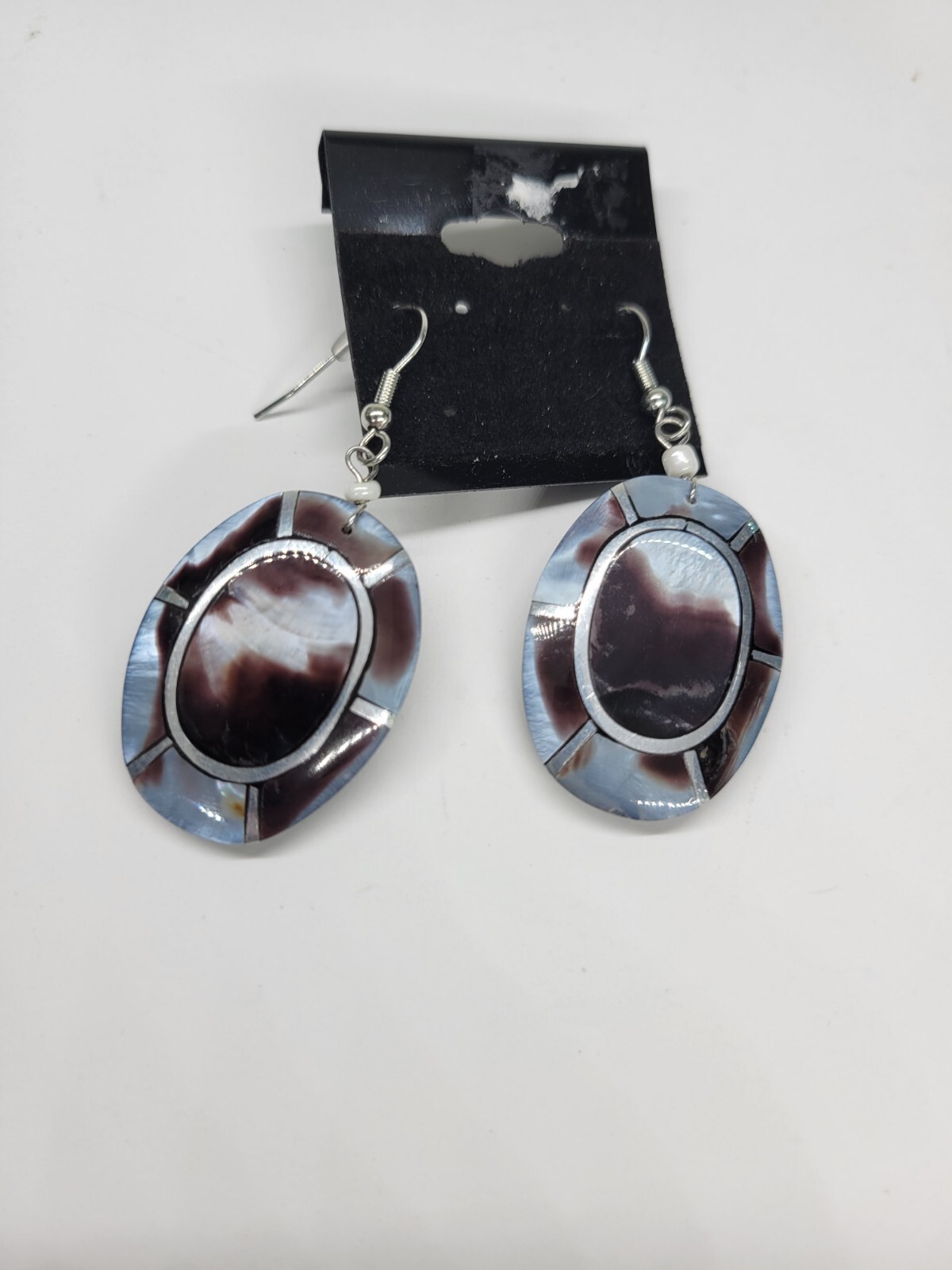 Shell and Metal Mosaic Acrylic Inlay Lee Sands Style Dangle Pierced Earrings
