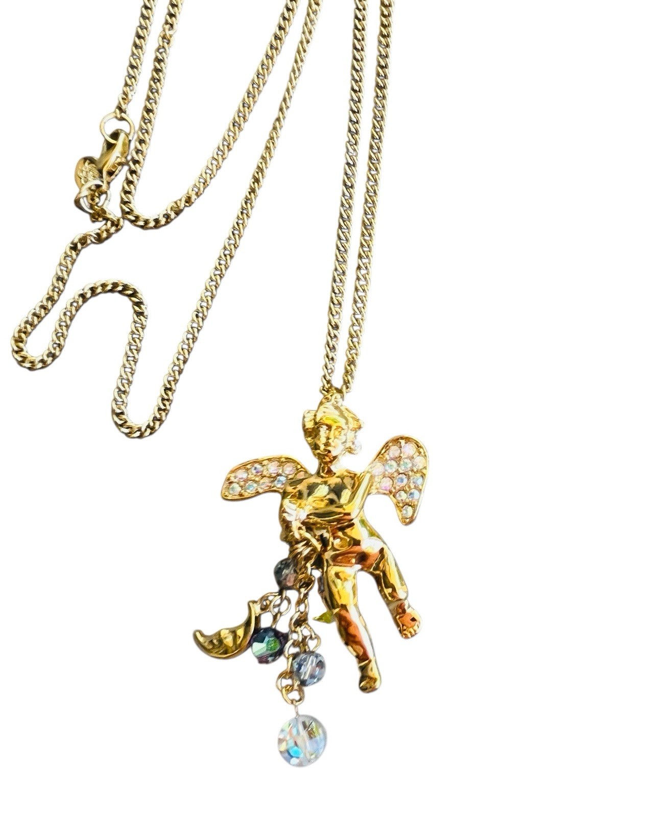 Vintage Signed Kirk’s Folly Angel Cherub Glass Dangle Gold Tone Necklace 28”