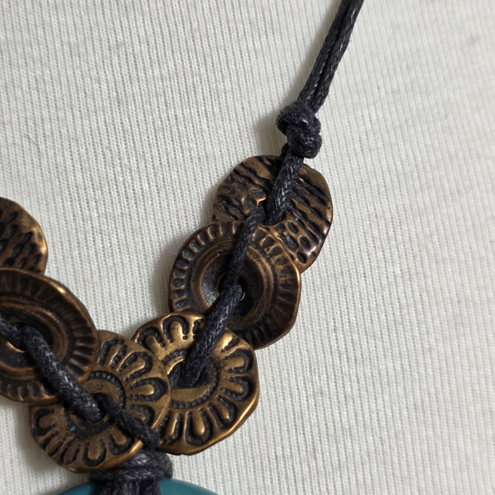 Coldwater Creek Multi-Layered Pendant Necklace Teal Resin Ring Bronze Discs