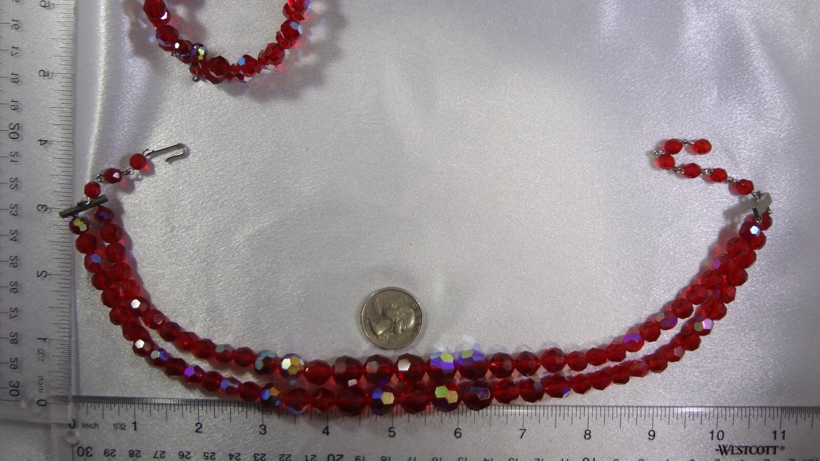 Vtg C: Late 1950’s AB Red Faceted Glass 2 Strand Necklace Bracelet Earrings Set!