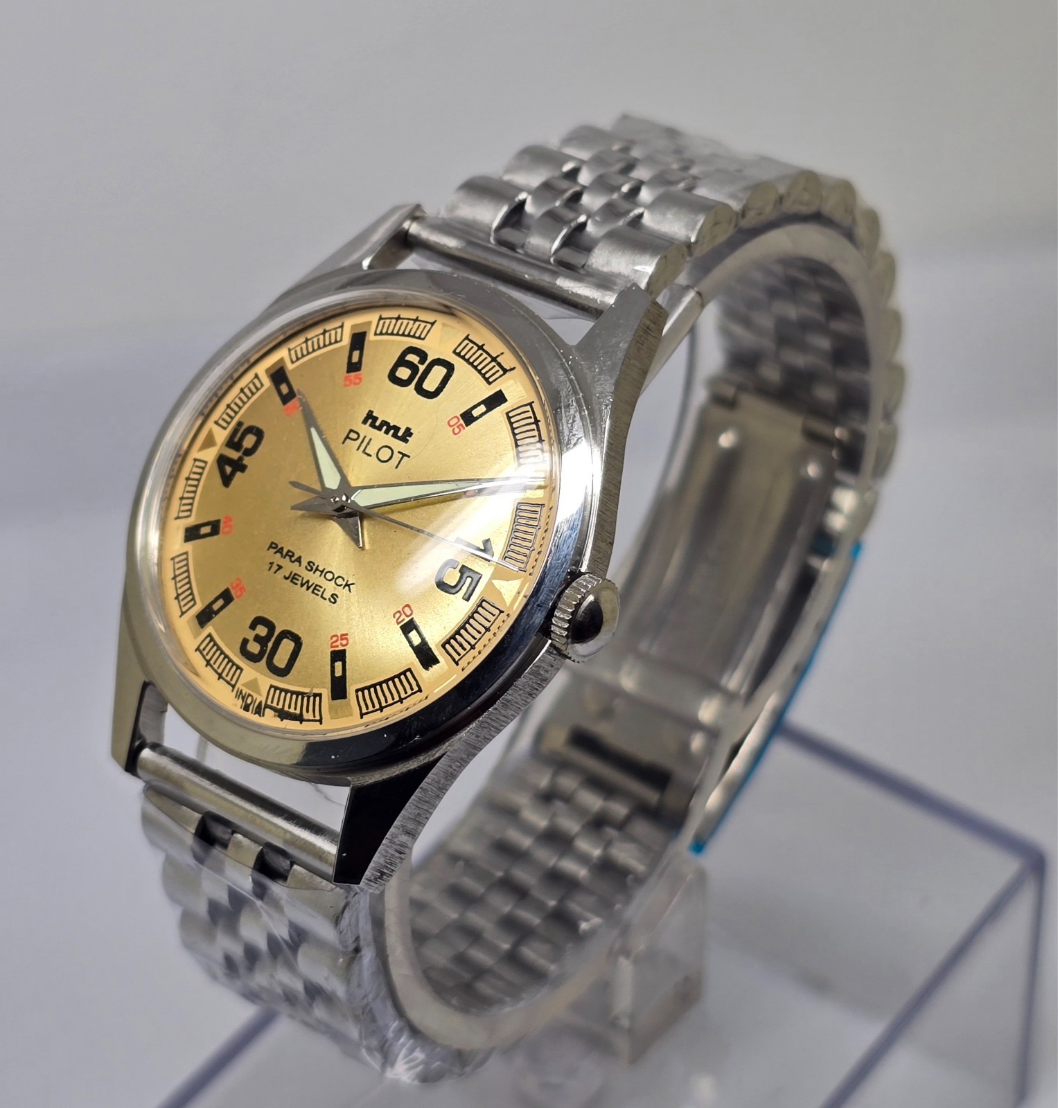 Vintage Hmt Pilot Gold Dial 17 Jewels Mechanical hand winding Transparent Back