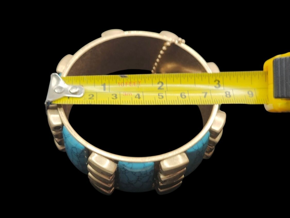Vintage Brass & Faux Turquoise Bangle Bracelet 2.5″ Diameter Bold Statement Jewe