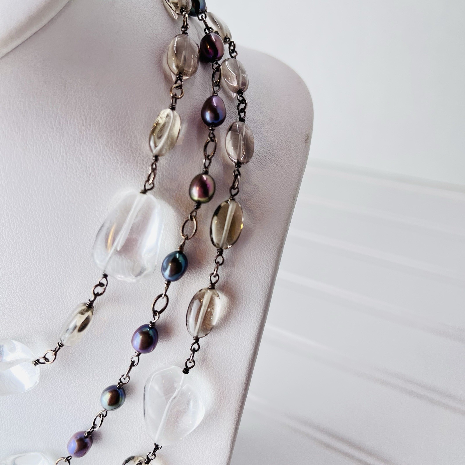 Vtg Rock Crystal & Peacock Pearl 3-Strand Necklace – 15” – Draped -Toggle Clasp