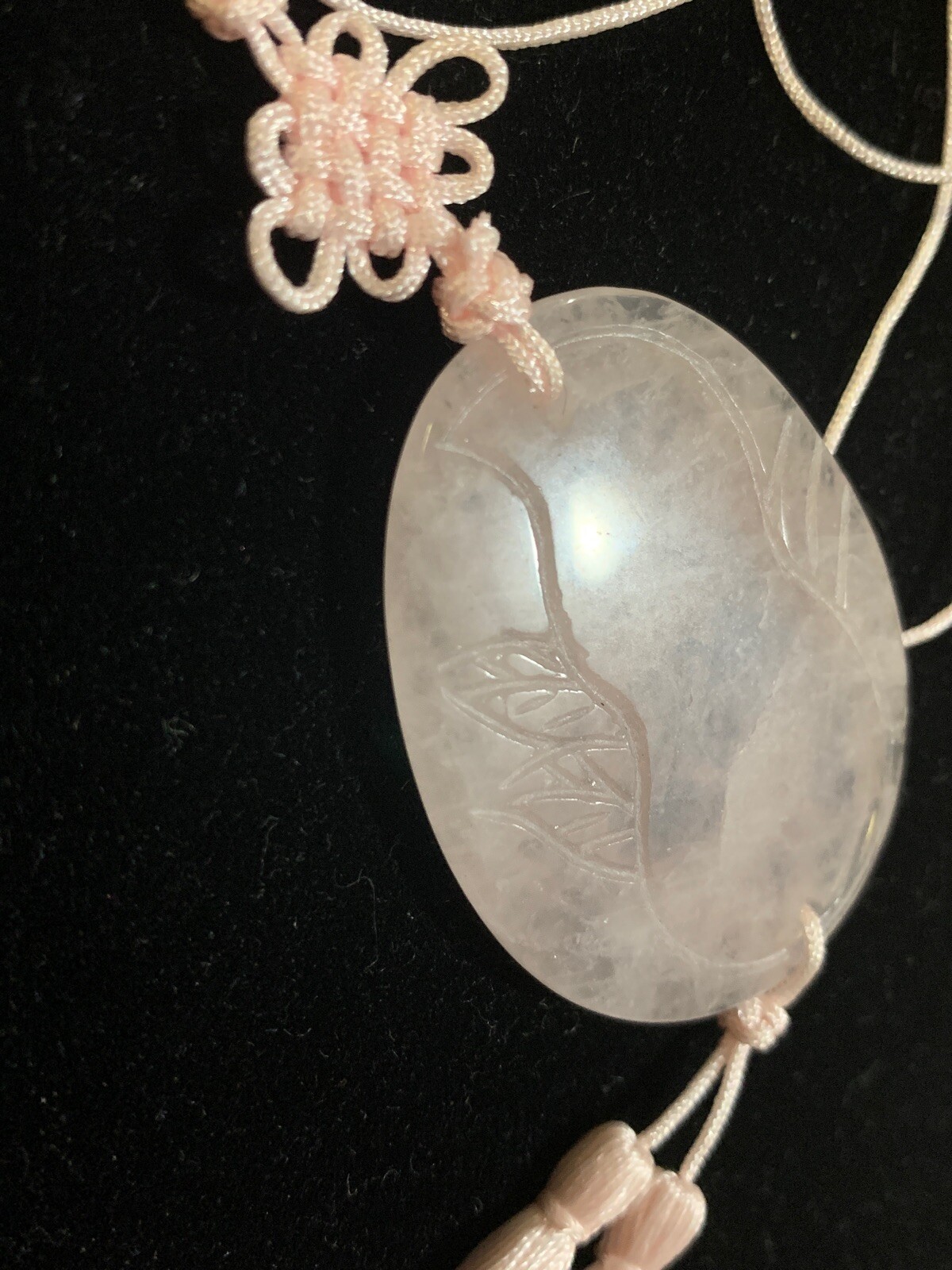 21″ VINTAGE CHINESE EXPORT CARVED PINK ROSE QUARTZ TASSEL PENDANT NECKLACE