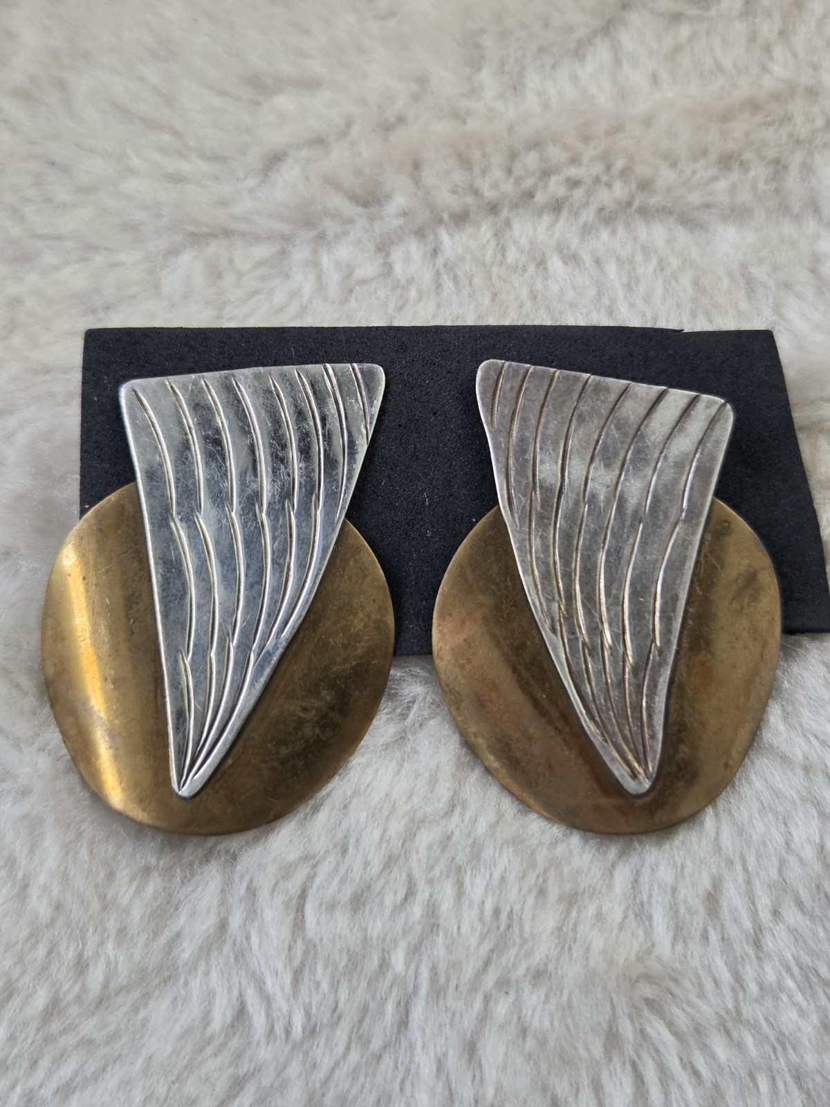 🖤Vintage Modernist Sterling Silver Brass Mixed Metal Abstract Gallery Earrings