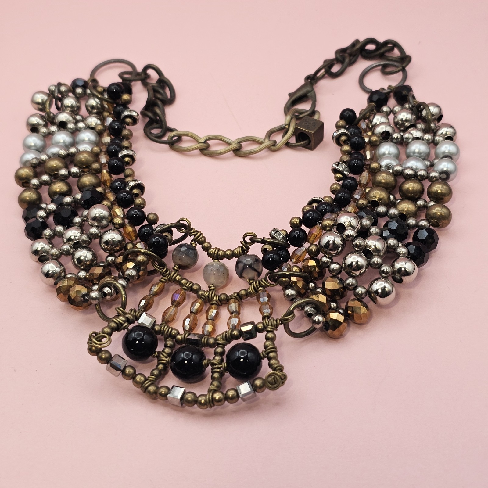 PAM HIRAN Statement Bib Necklace Mixed Bead Collar Brass Tone Chunky Boho Glam
