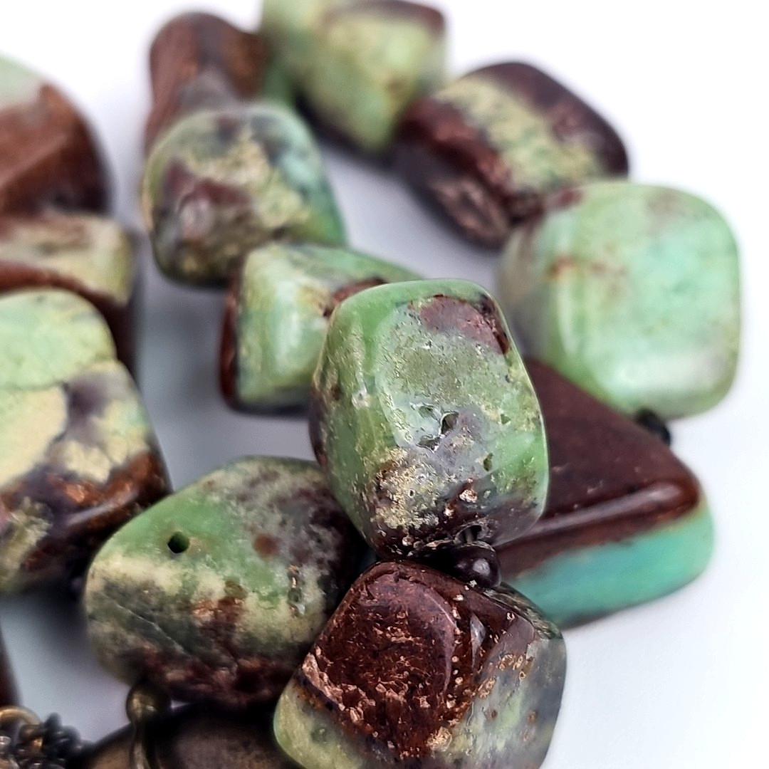 Vintage Green Brown Gemstone Nugget Necklace Chunky Statement 16 Inch