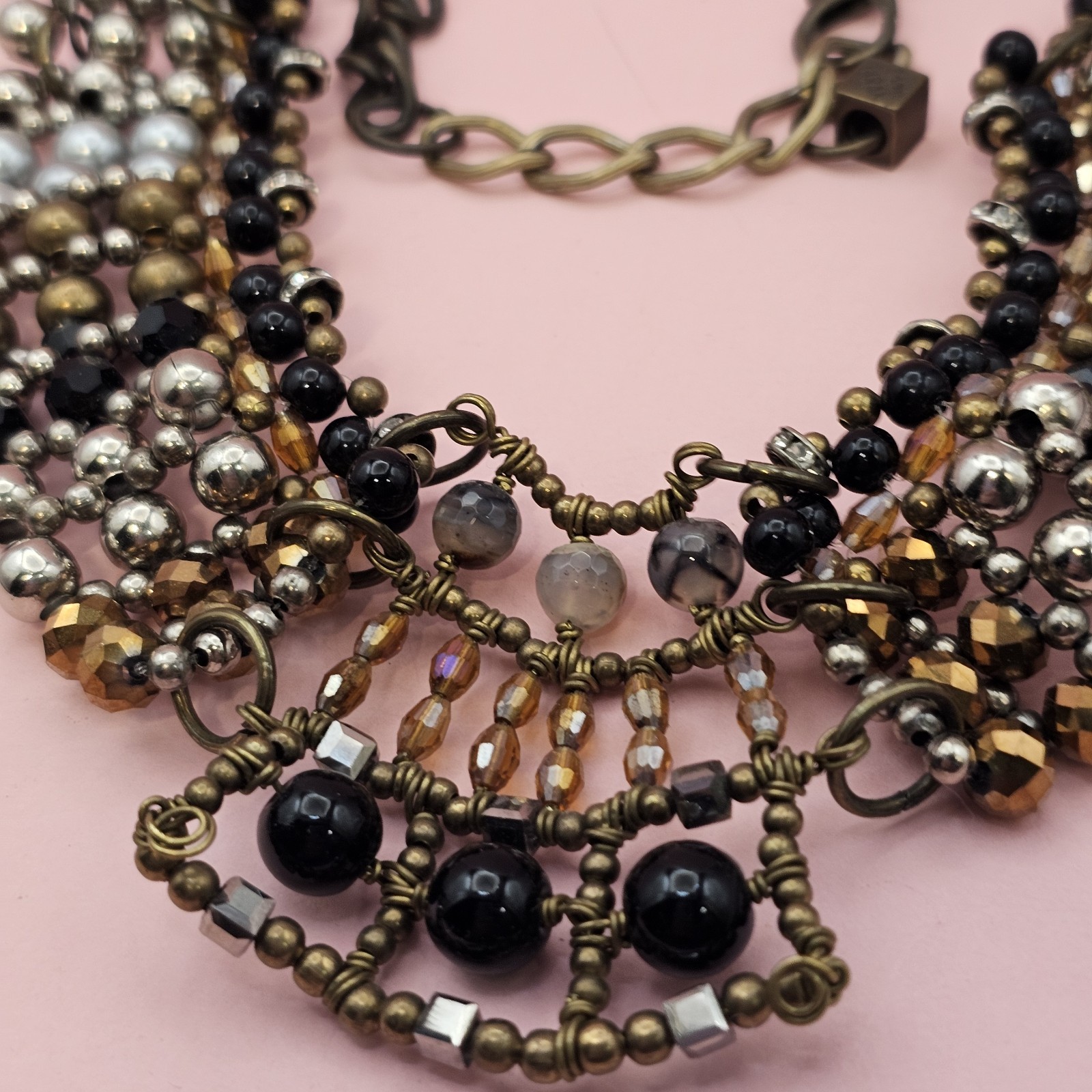 PAM HIRAN Statement Bib Necklace Mixed Bead Collar Brass Tone Chunky Boho Glam