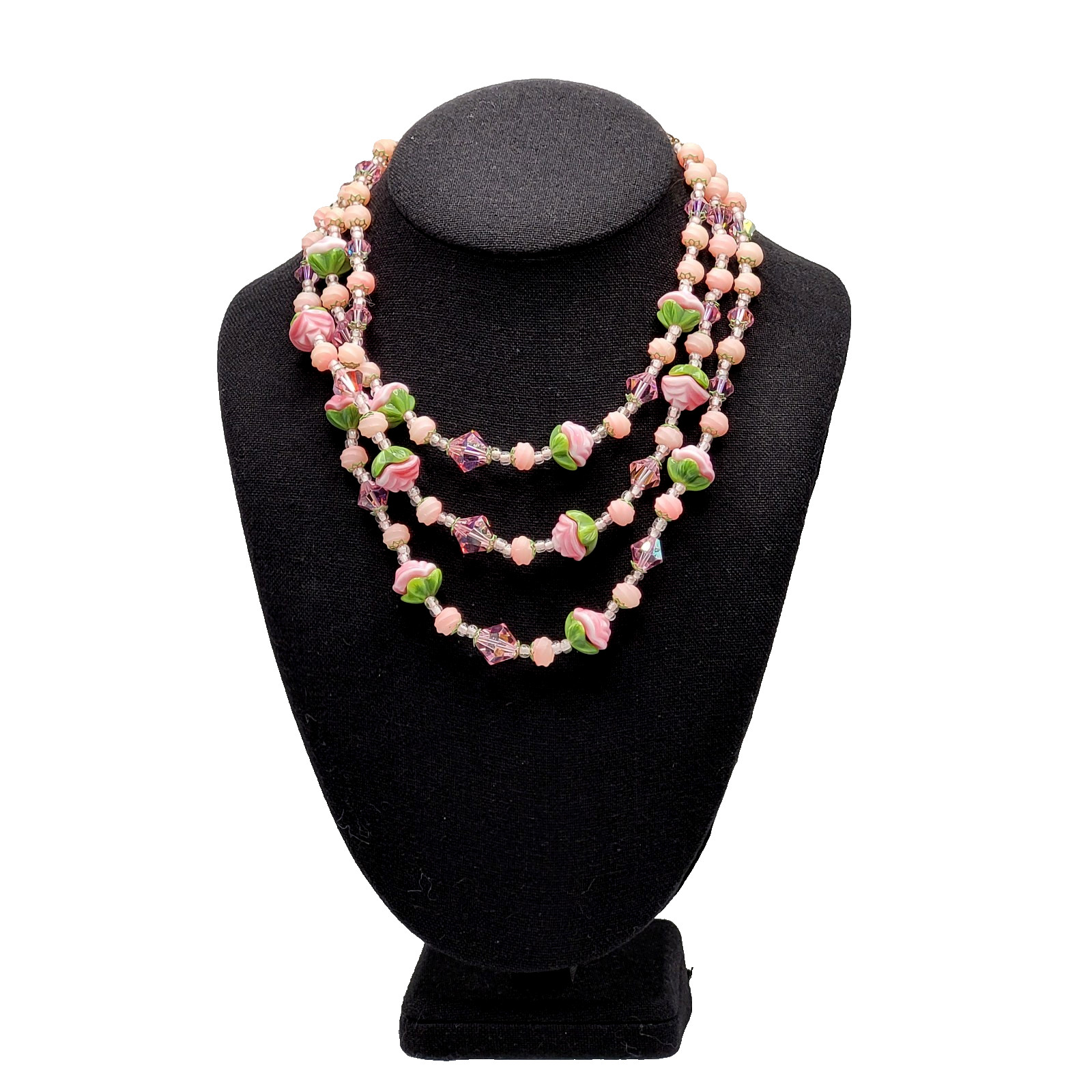 Triple Strand Glass Pink Rosette Green Bottom Rosebuds Bicone Crystal Necklace