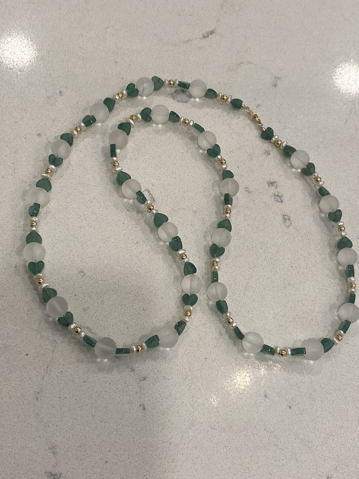 14K Gold, Emerald Hearts, Clear Round Quartz, Pearls & Gold Beads Clasp Necklace