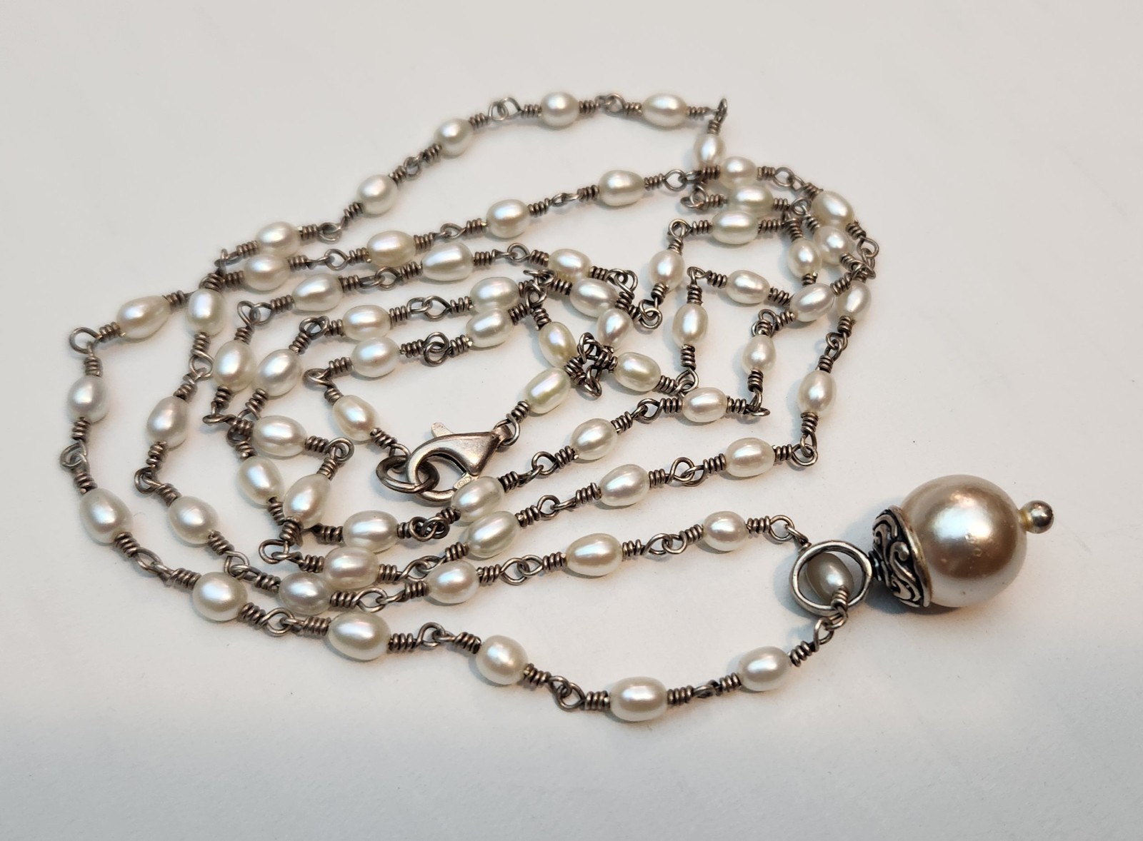 Vintage Sterling Silver 925 Fresh Water Pearl Rosary Style Drop Long Necklace