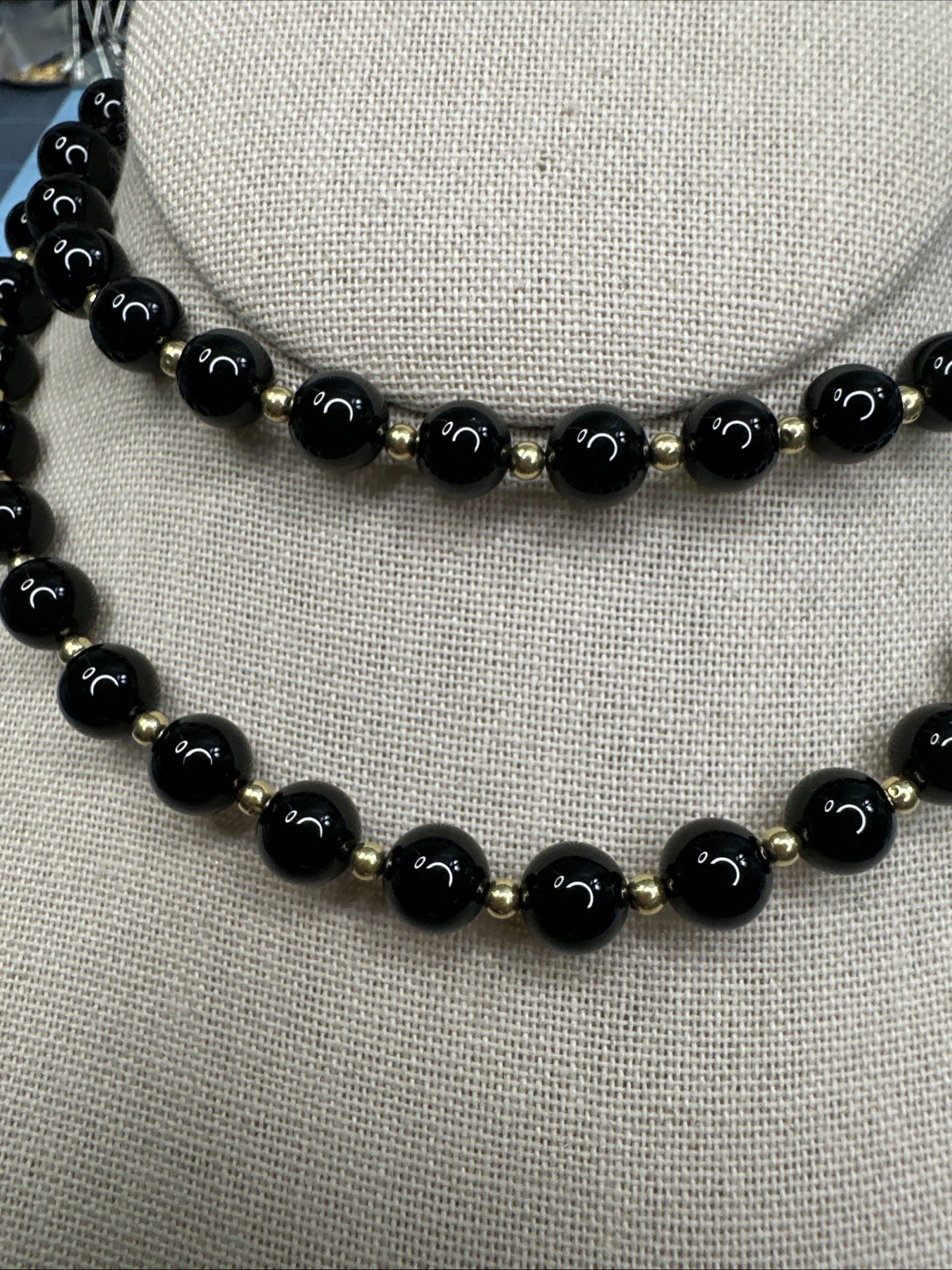 VINTAGE 1990’S 14K GOLD FILLED 8.4MM BLACK ONYX BEADS 26” NECKLACE Pullover J103