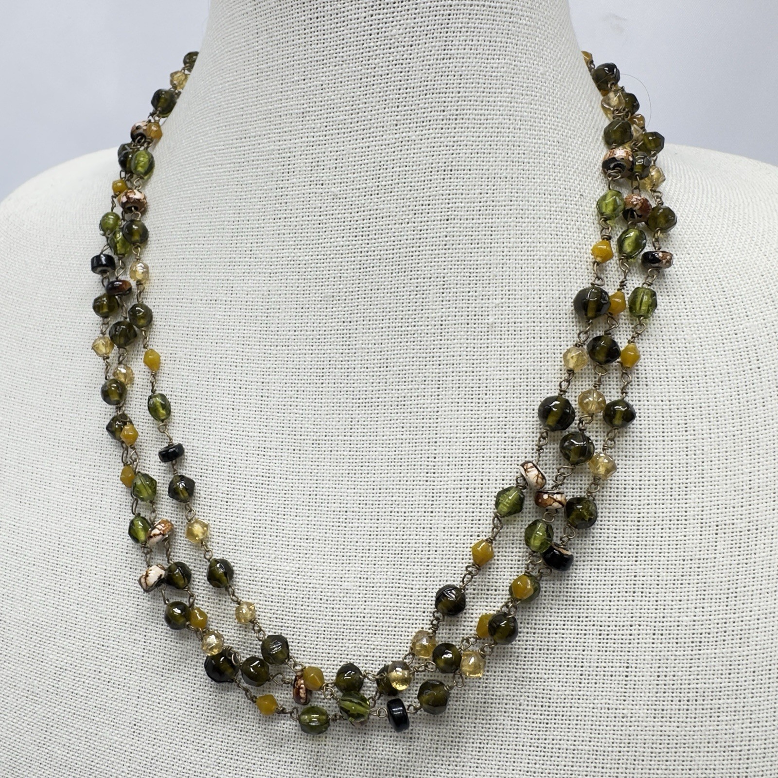Vintage Art Glass Necklace Earth tones Multi-shape Molded Hand Wired 62″ Opera