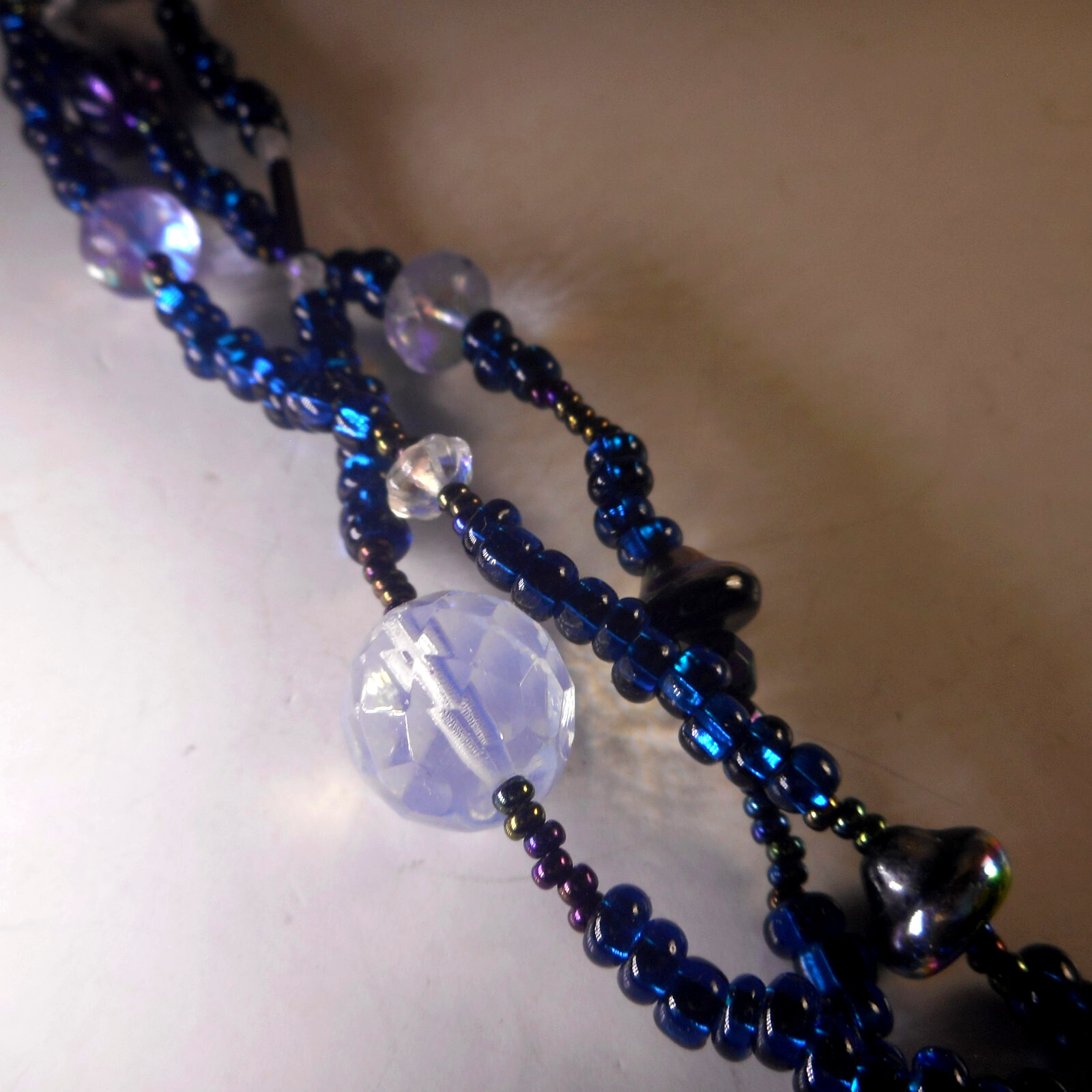 Artisan Milk Crystal Blue Glass 3 Strand Beaded Necklace 925 Hook Clasp 22″